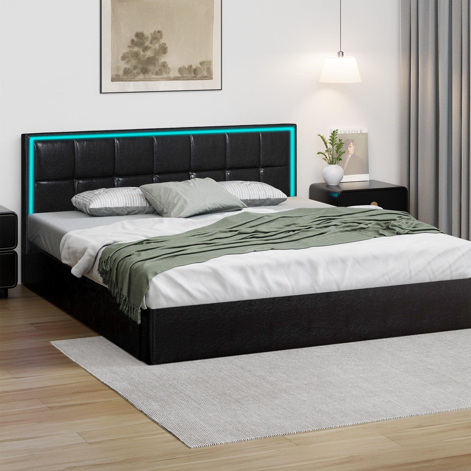 Oikiture Bed Frame Queen Double King Single Size RGB LED Gas Lift Storage Base - Sunyee