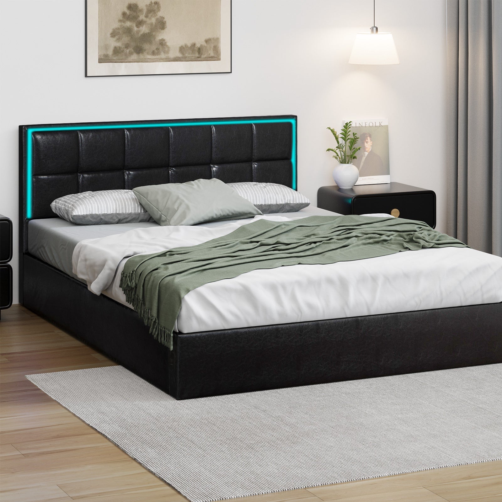 Oikiture Bed Frame Queen Double King Single Size RGB LED Gas Lift Storage Base - Sunyee