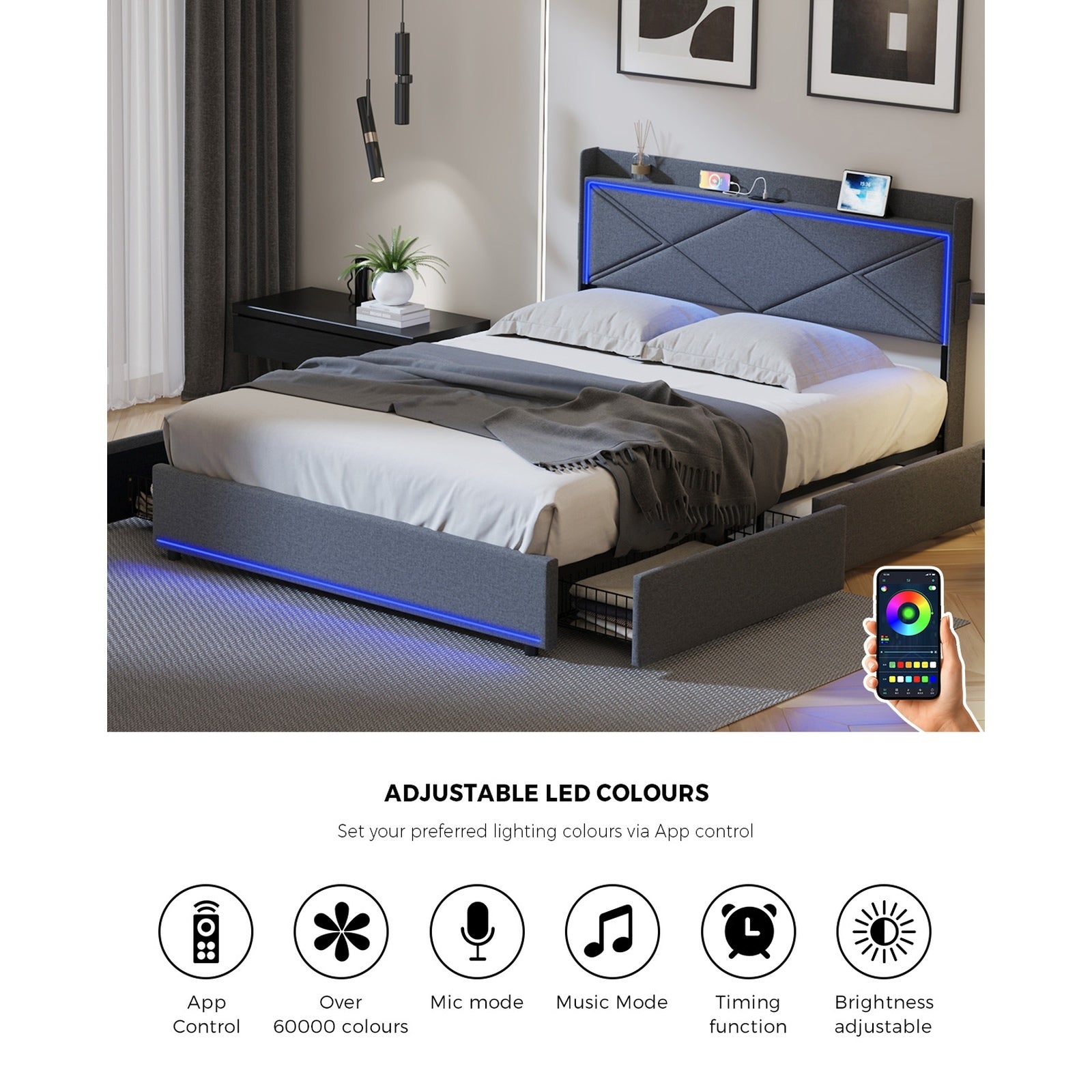 Oikiture Bed Frame Double Size with LED Headboard Charging Port 4 Drawers - Sunyee