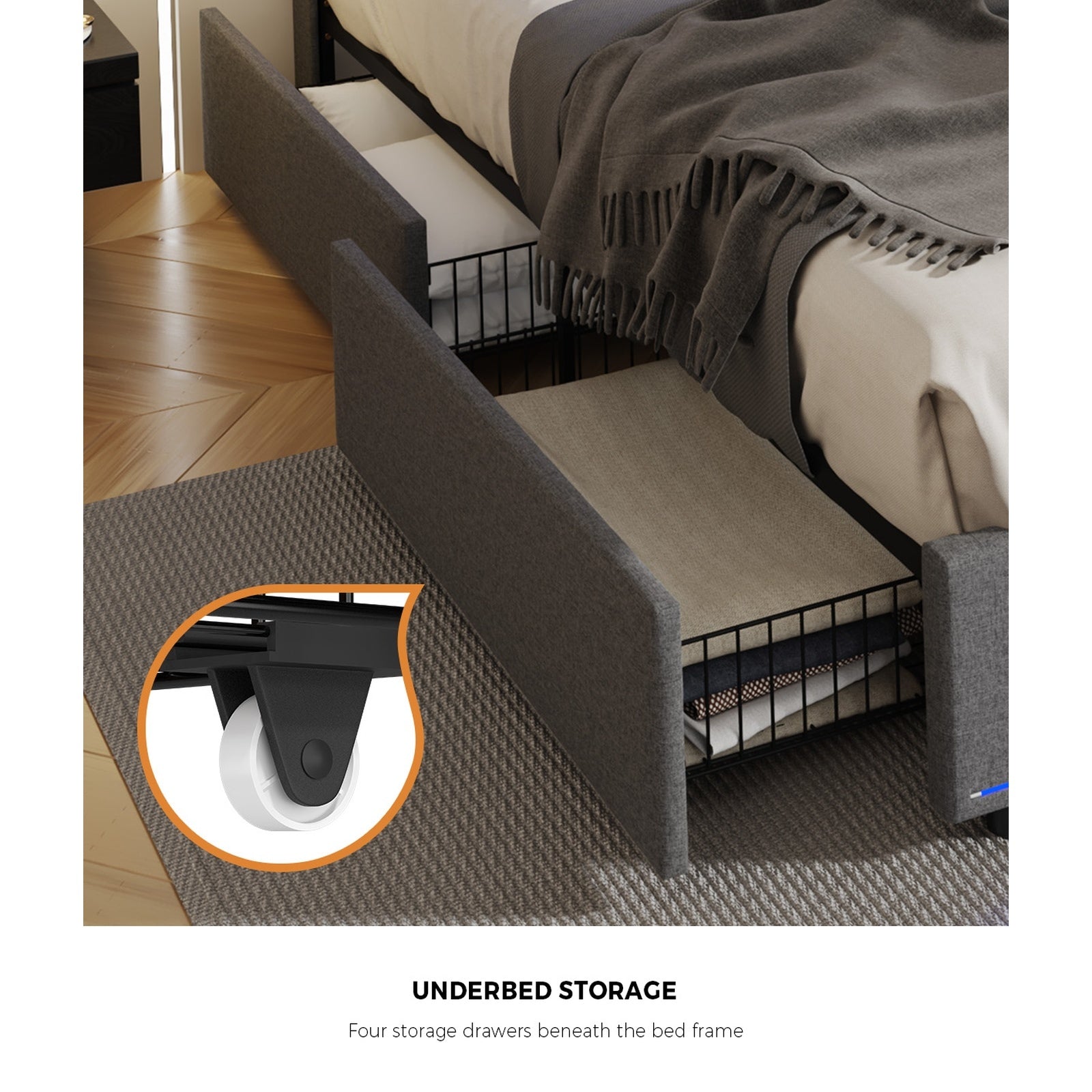 Oikiture Bed Frame Double Size with LED Headboard Charging Port 4 Drawers - Sunyee
