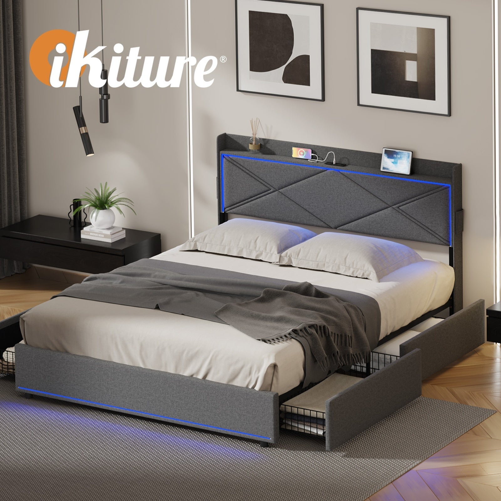 Oikiture Bed Frame Double Size with LED Headboard Charging Port 4 Drawers - Sunyee