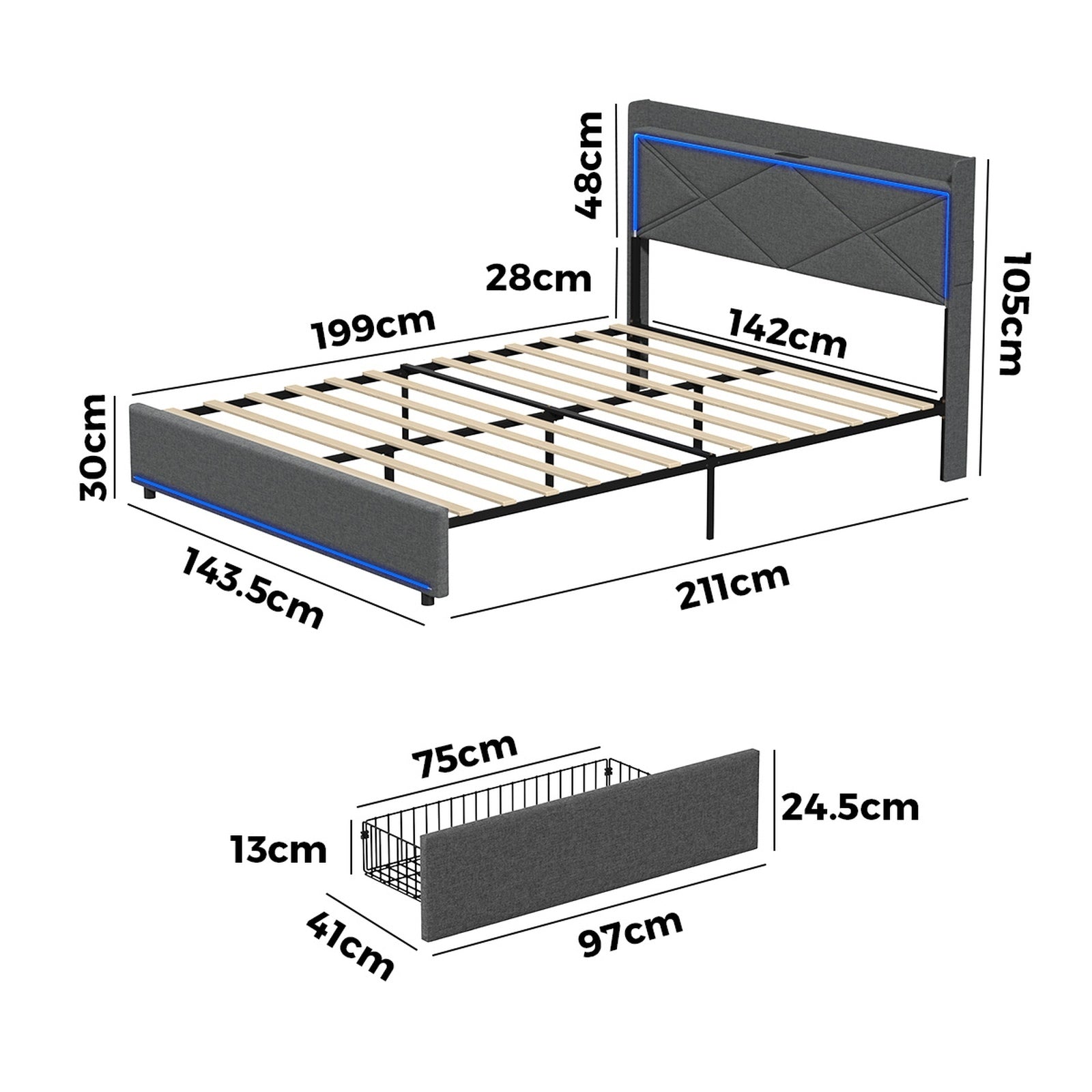 Oikiture Bed Frame Double Size with LED Headboard Charging Port 4 Drawers - Sunyee