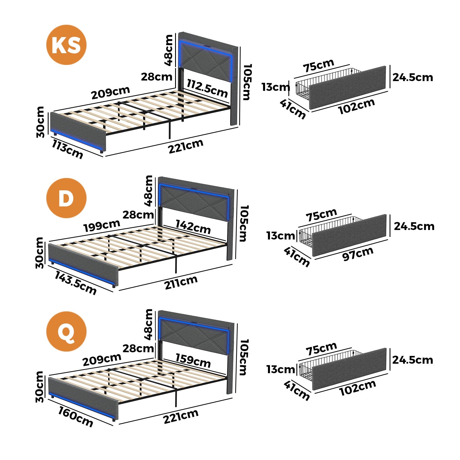 Oikiture Bed Frame Queen Double King Single RGB LED With Charging Port & Drawer - Sunyee
