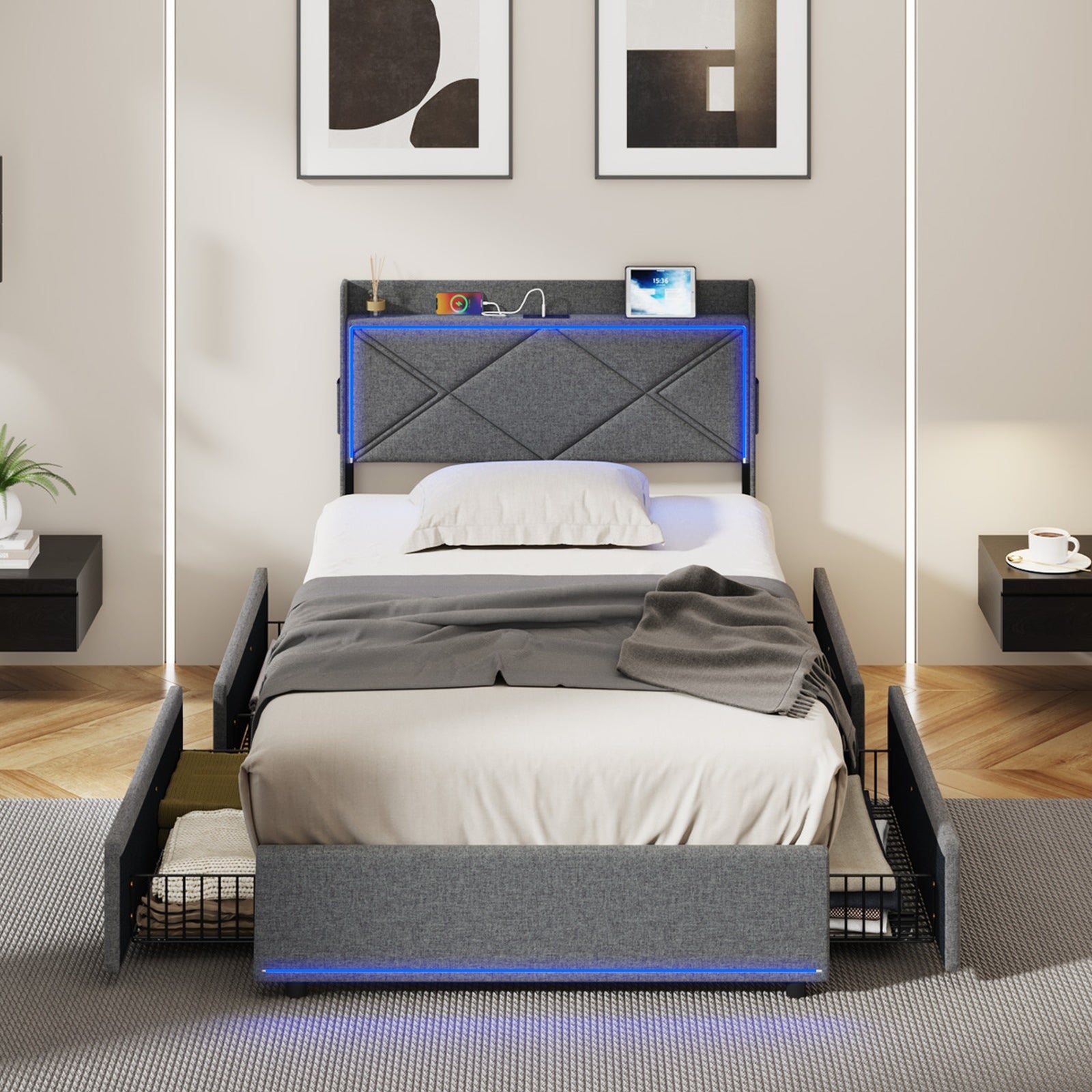 Oikiture Bed Frame King Single Size with LED Headboard Charging Port 4 Drawers - Sunyee