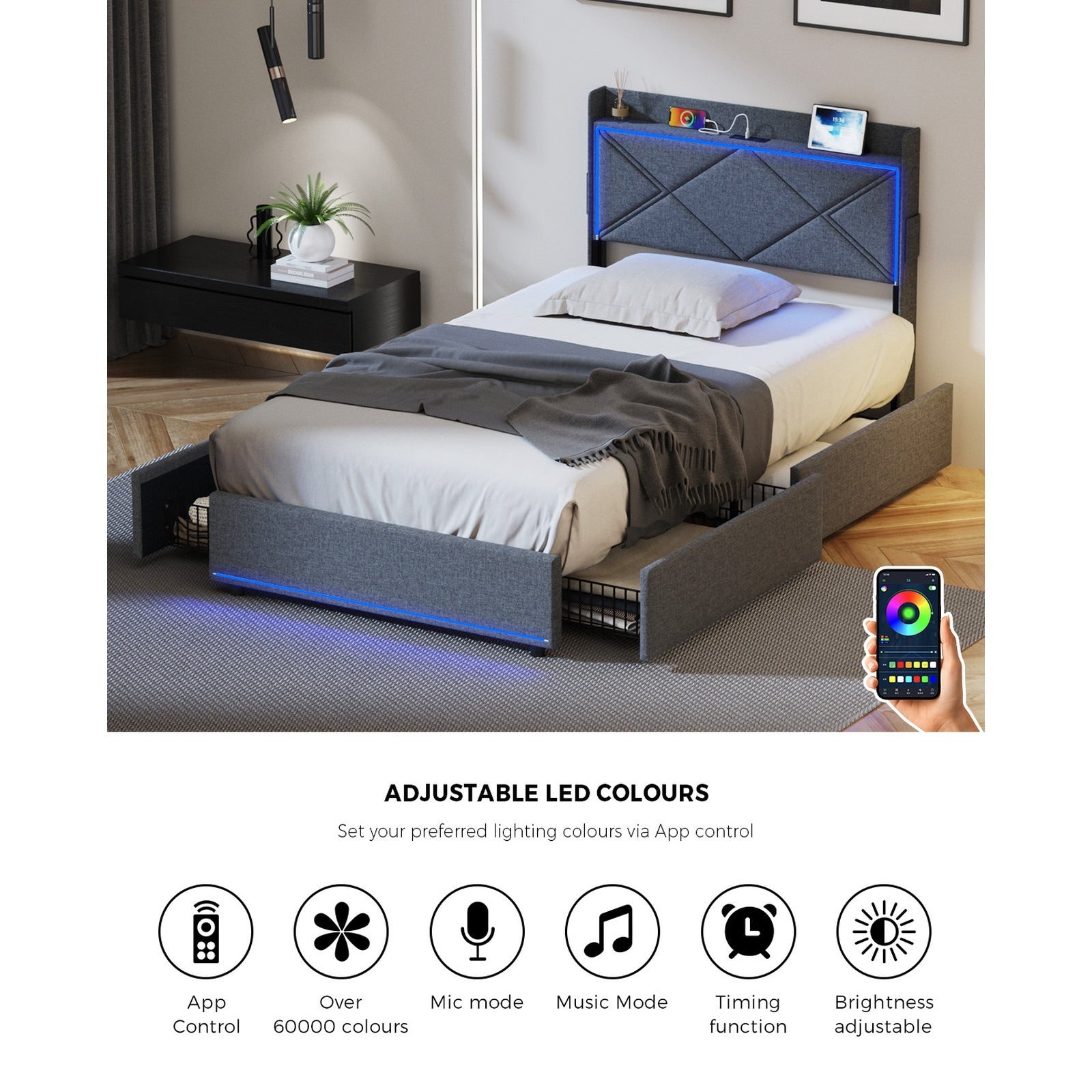 Oikiture Bed Frame King Single Size with LED Headboard Charging Port 4 Drawers - Sunyee