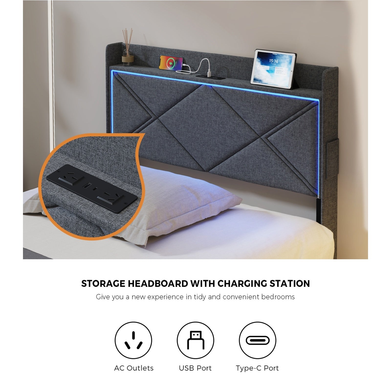 Oikiture Bed Frame King Single Size with LED Headboard Charging Port 4 Drawers - Sunyee