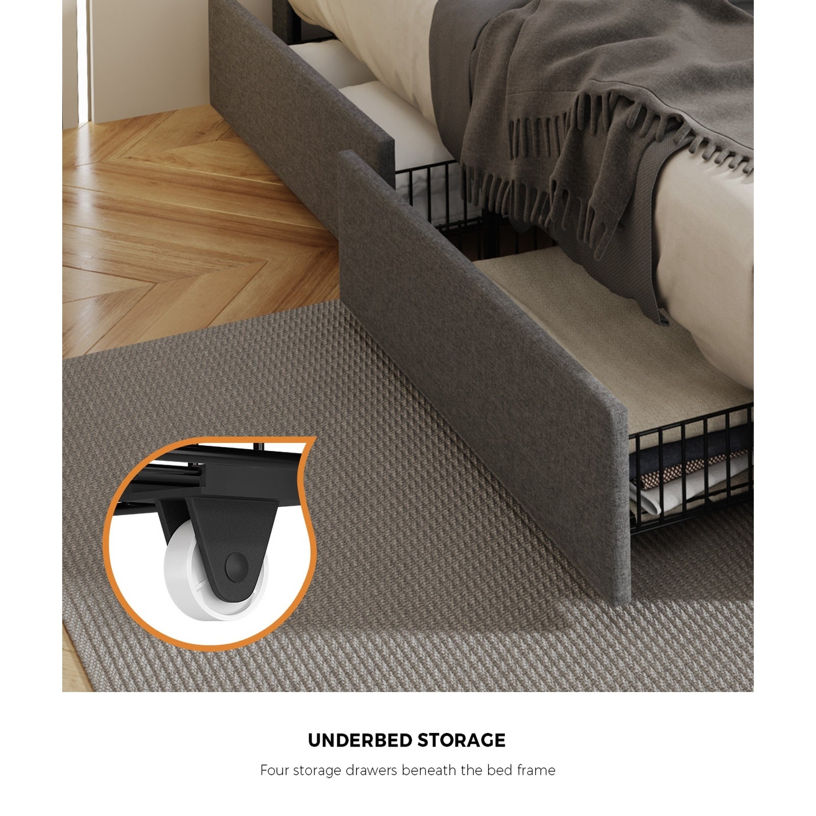 Oikiture Bed Frame King Single Size with LED Headboard Charging Port 4 Drawers - Sunyee