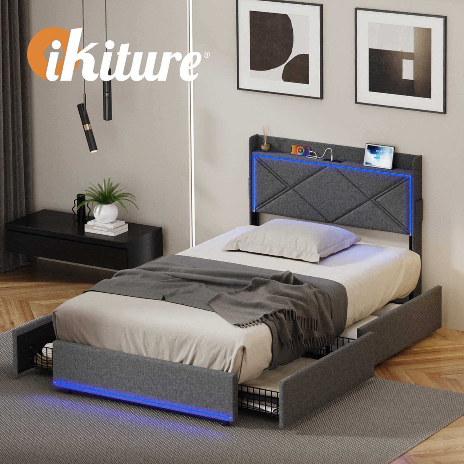 Oikiture Bed Frame King Single Size with LED Headboard Charging Port 4 Drawers - Sunyee