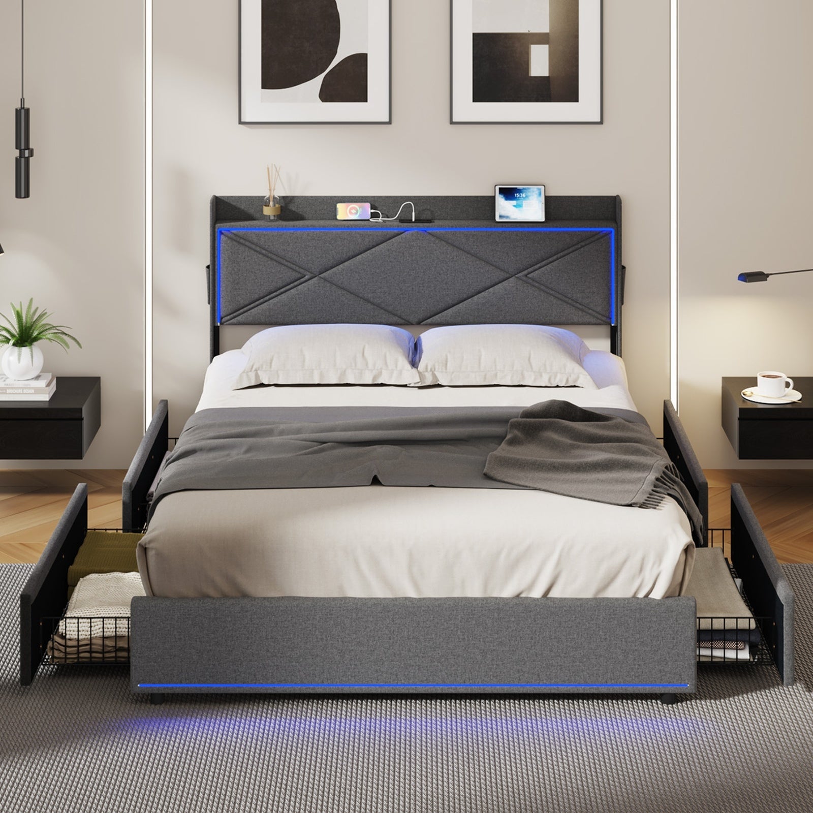 Oikiture Bed Frame Queen Size with LED Headboard Charging Port 4 Drawers - Sunyee