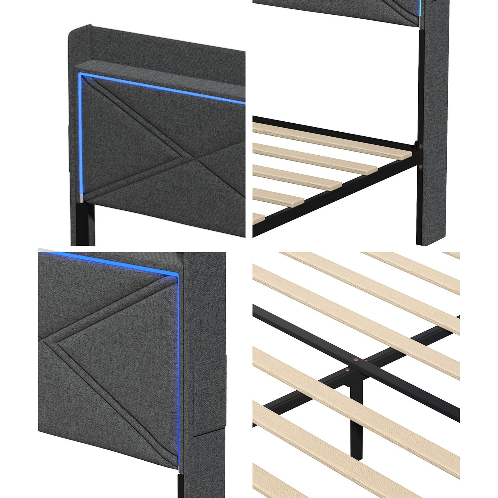 Oikiture Bed Frame Queen Size with LED Headboard Charging Port 4 Drawers - Sunyee