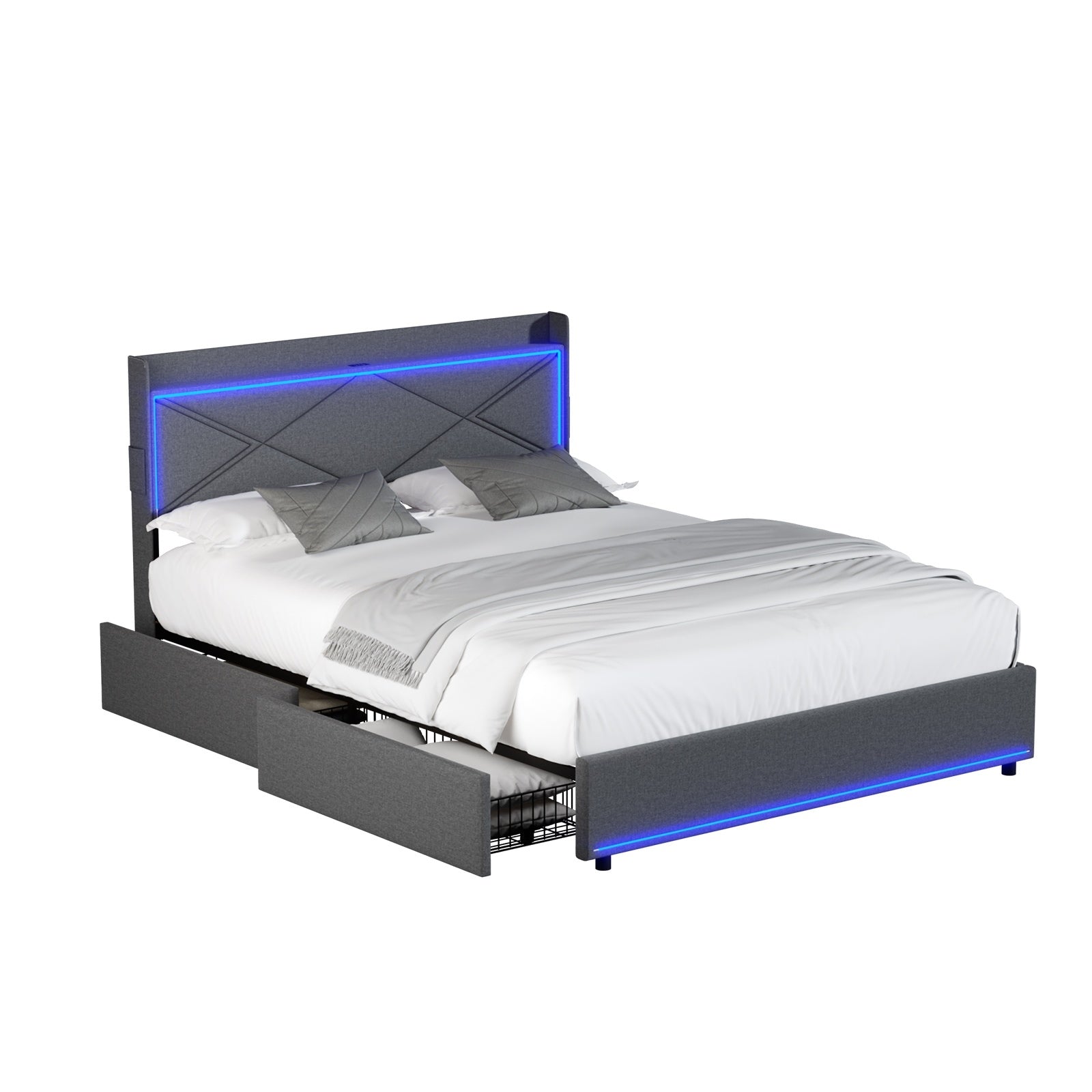 Oikiture Bed Frame Queen Size with LED Headboard Charging Port 4 Drawers - Sunyee