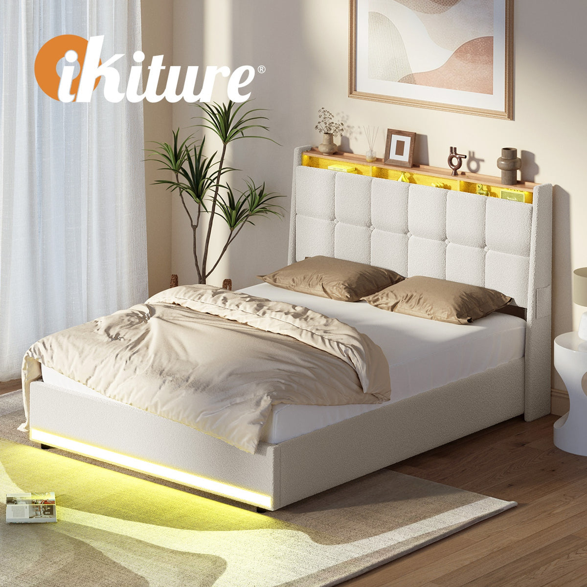 Oikiture Bed Frame Double Size RGB LED Light Gas Lift Beds White Boucle - Sunyee