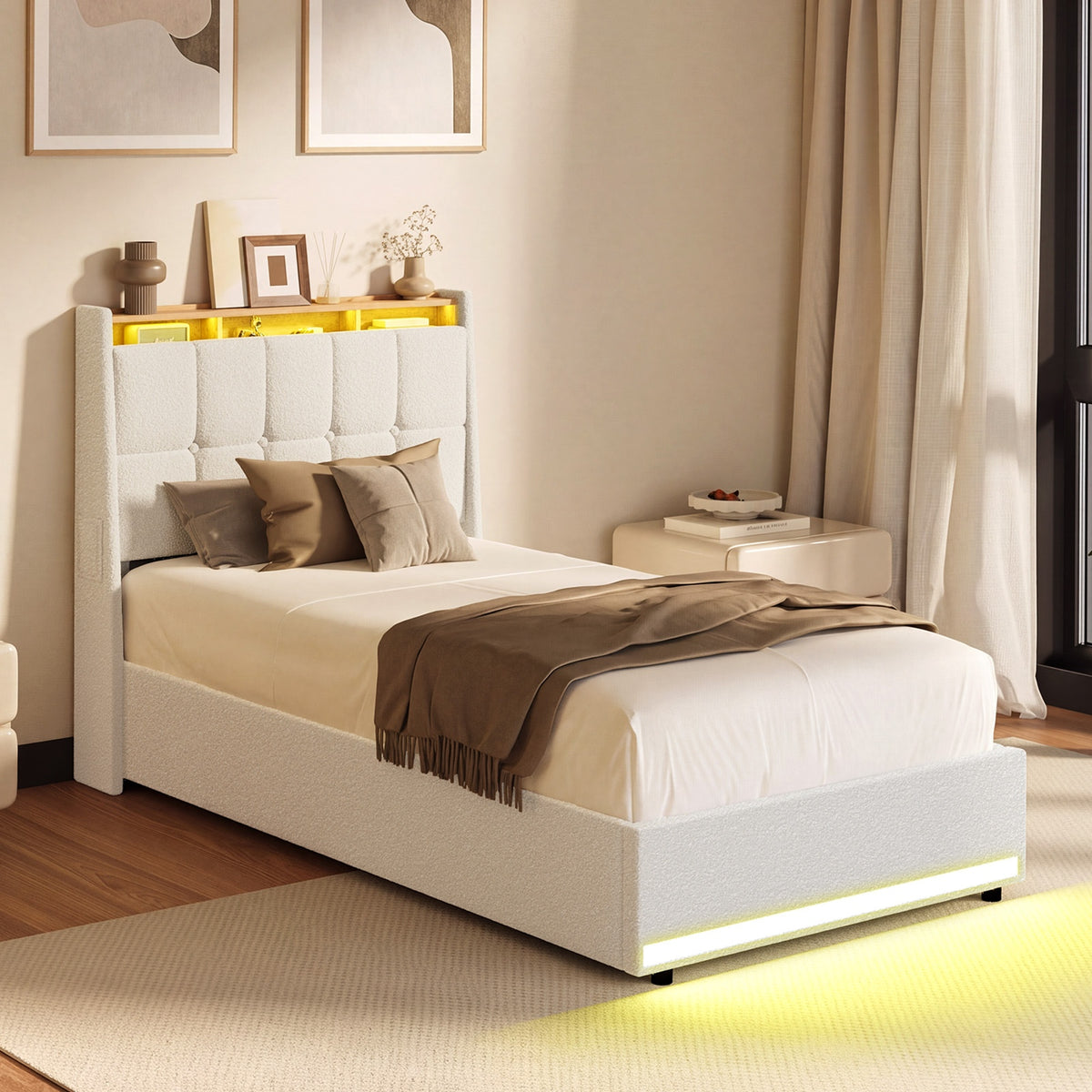 Oikiture Bed Frame King Single RGB LED Gas Lift Base with Storage Boucle - Sunyee