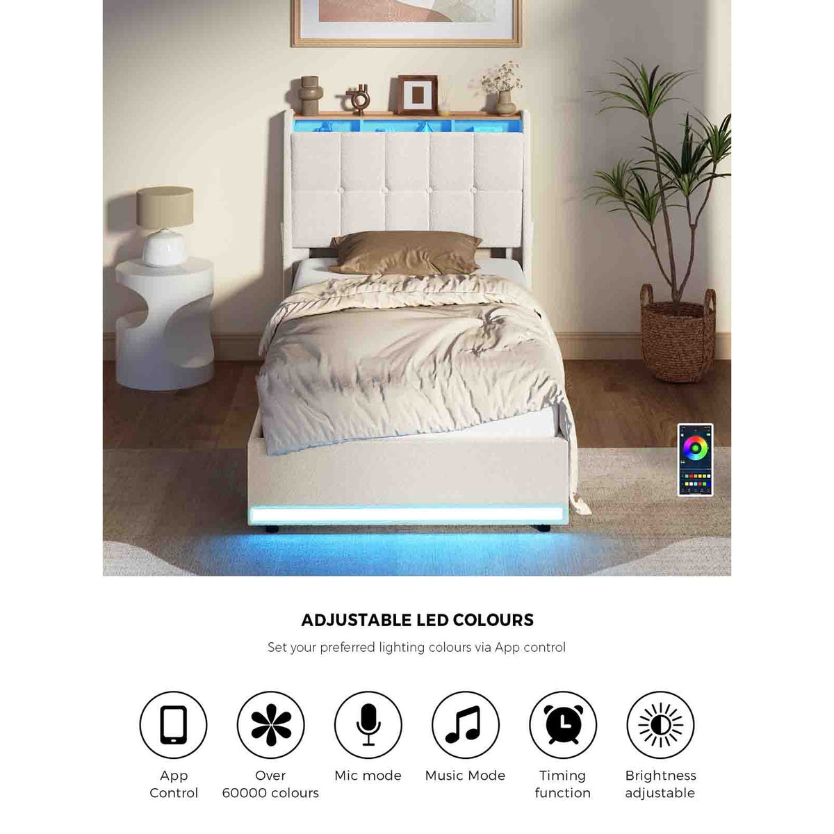 Oikiture Bed Frame King Single RGB LED Gas Lift Base with Storage Boucle - Sunyee