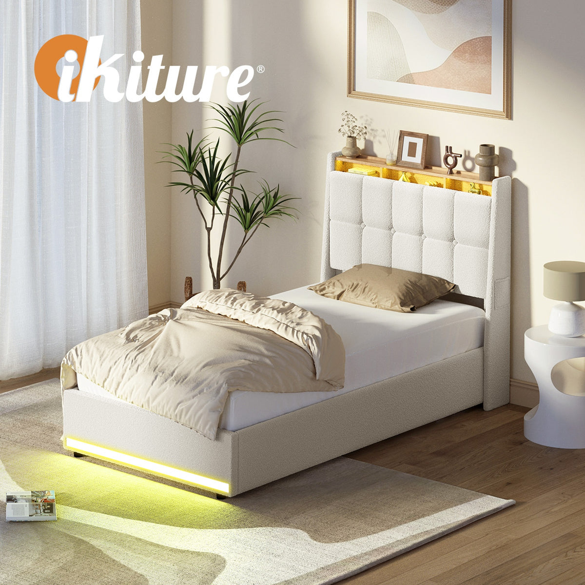 Oikiture Bed Frame King Single RGB LED Gas Lift Base with Storage Boucle - Sunyee