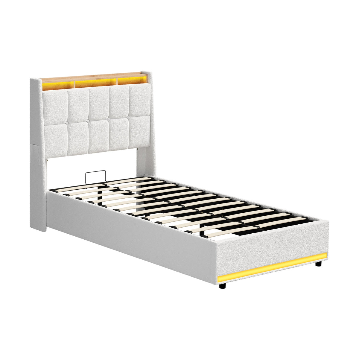 Oikiture Bed Frame King Single RGB LED Gas Lift Base with Storage Boucle - Sunyee