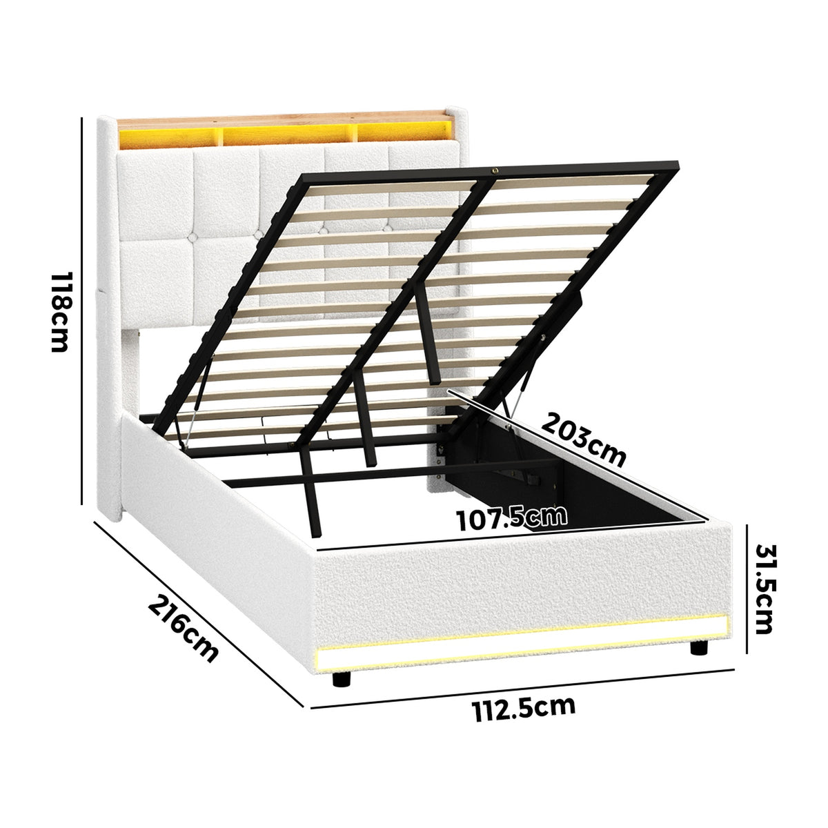 Oikiture Bed Frame King Single RGB LED Gas Lift Base with Storage Boucle - Sunyee