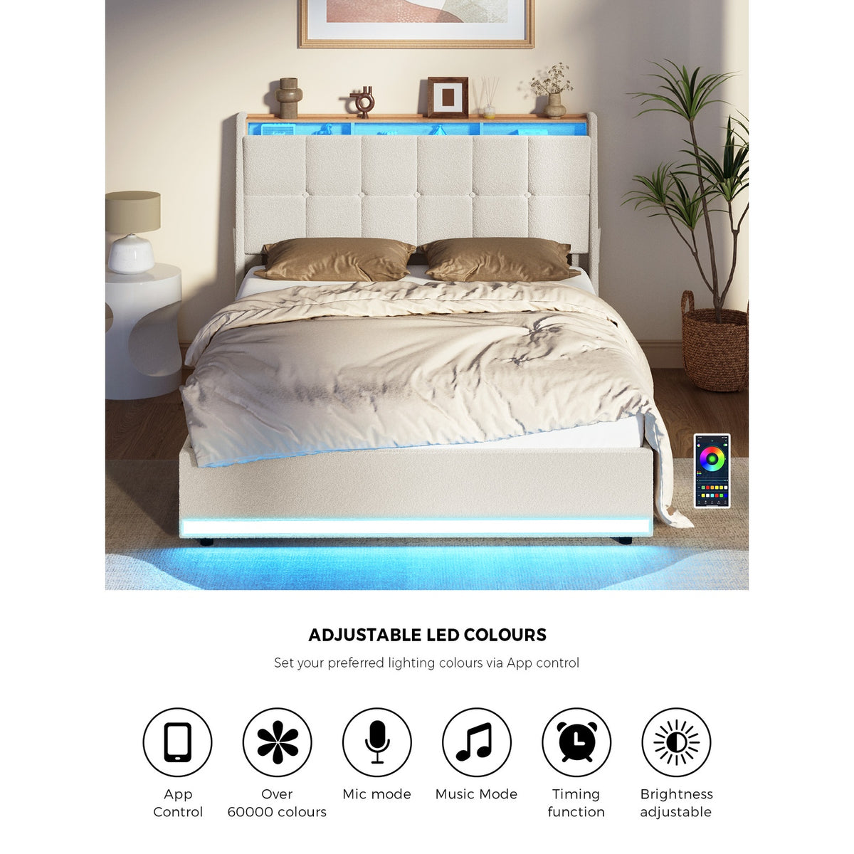 Oikiture Bed Frame Queen Size RGB LED Light Gas Lift Beds White Boucle - Sunyee