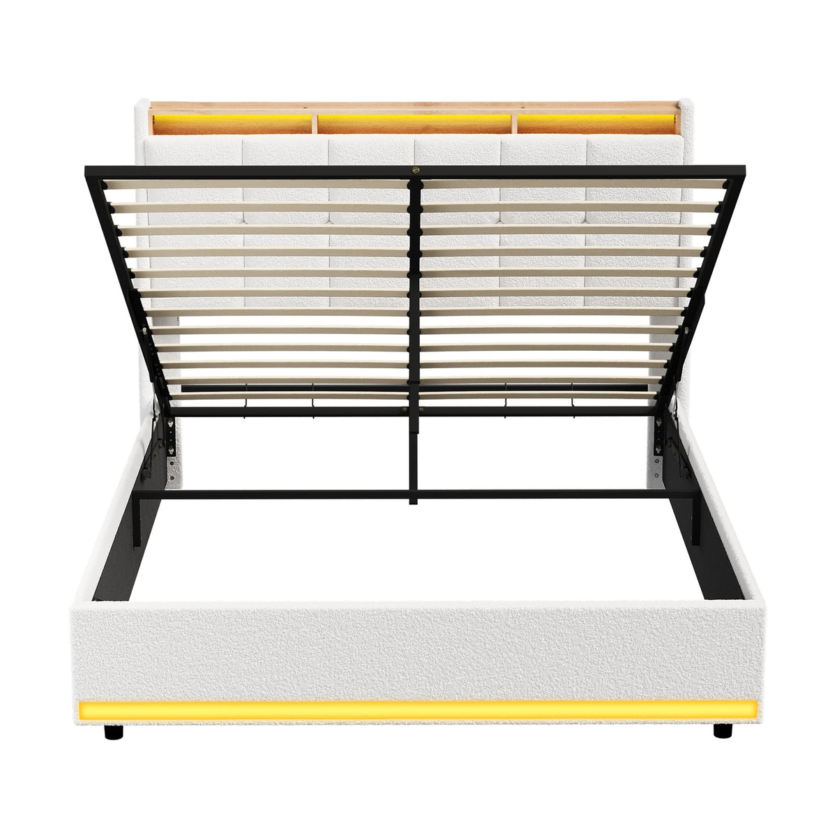 Oikiture Bed Frame Queen Size RGB LED Light Gas Lift Beds White Boucle - Sunyee