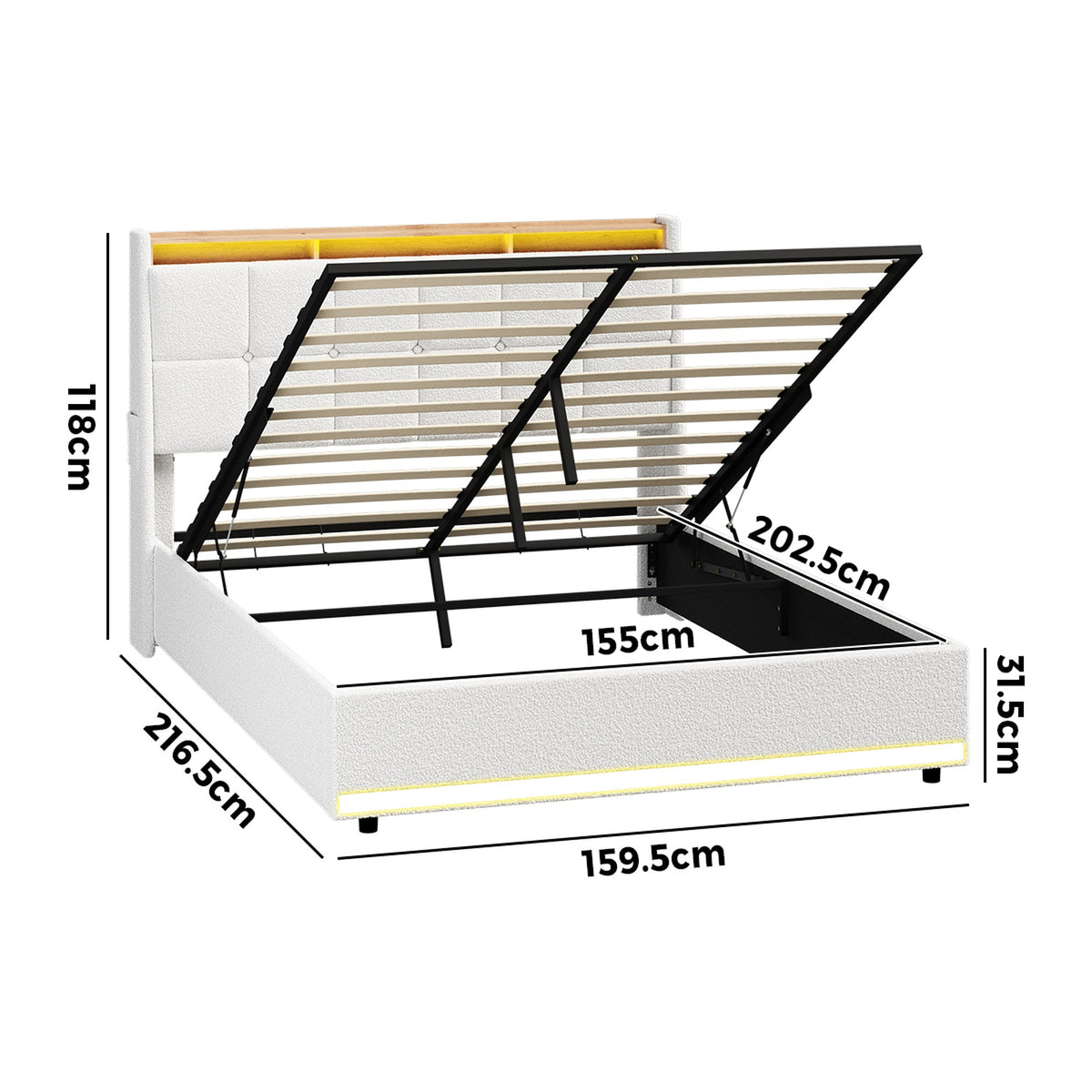 Oikiture Bed Frame Queen Size RGB LED Light Gas Lift Beds White Boucle - Sunyee