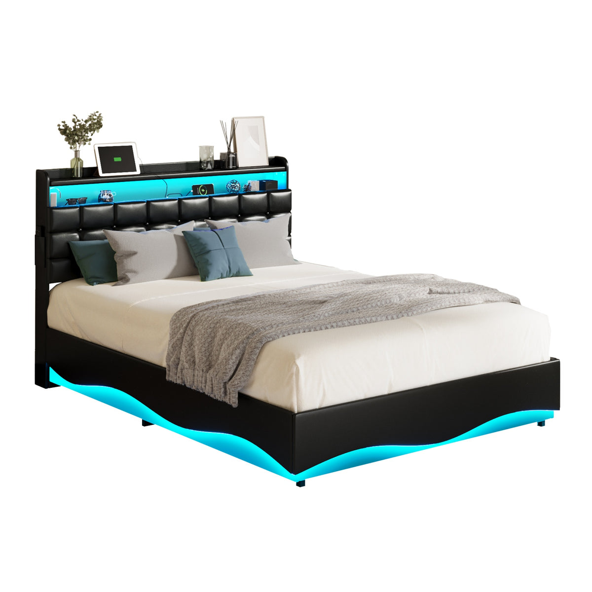 Oikiture Double Size Bed Frame Gas Lift LED Storage Headboard USB Charging Black