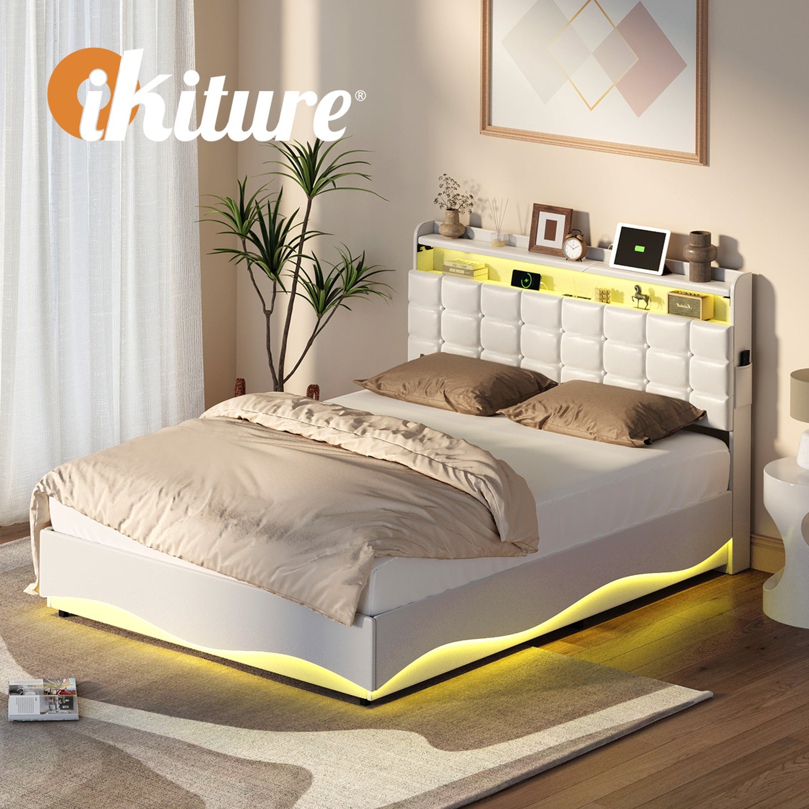 Oikiture Double Size Bed Frame LED Light Gas Lift Storage Headboard USB Charging - Sunyee