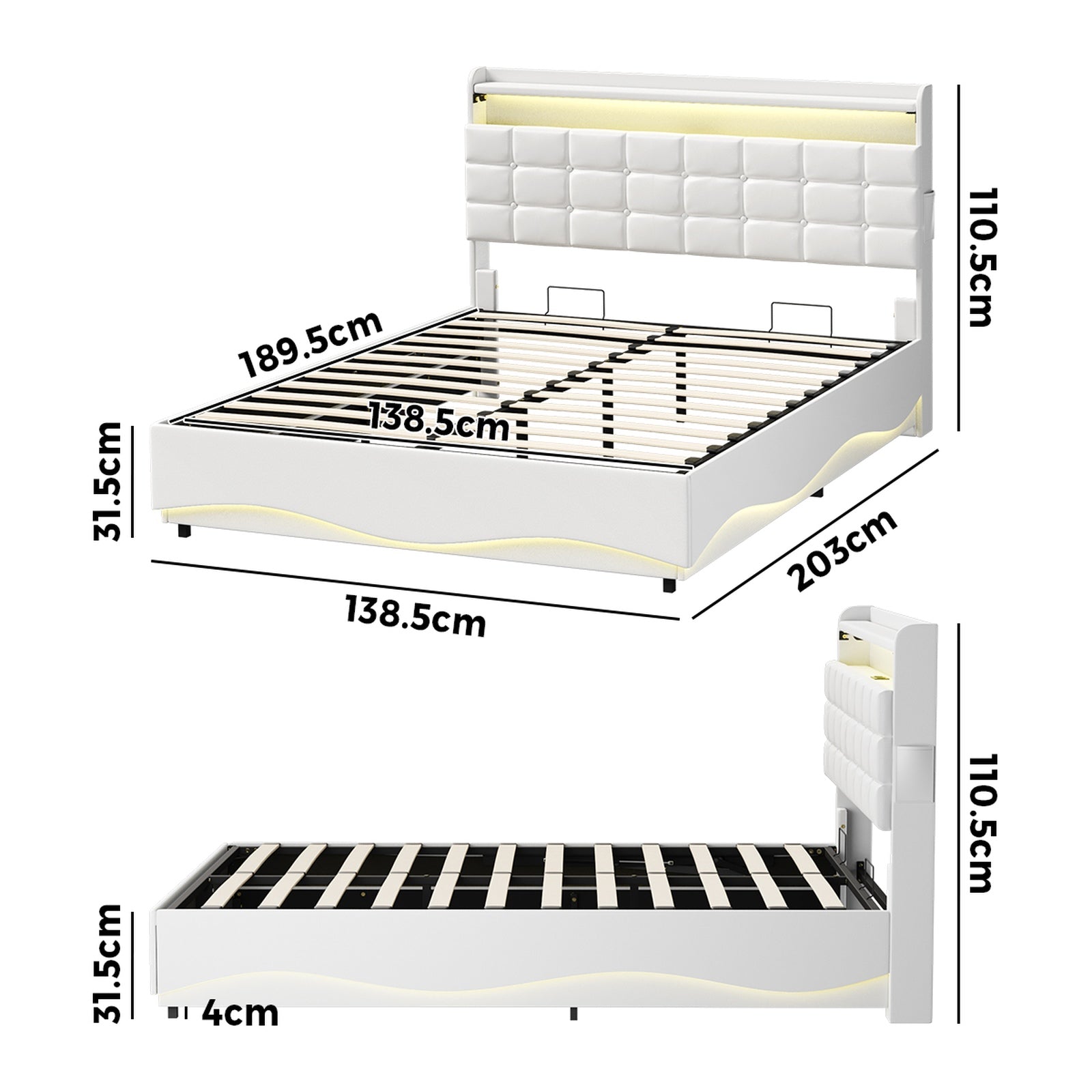 Oikiture Double Size Bed Frame LED Light Gas Lift Storage Headboard USB Charging - Sunyee