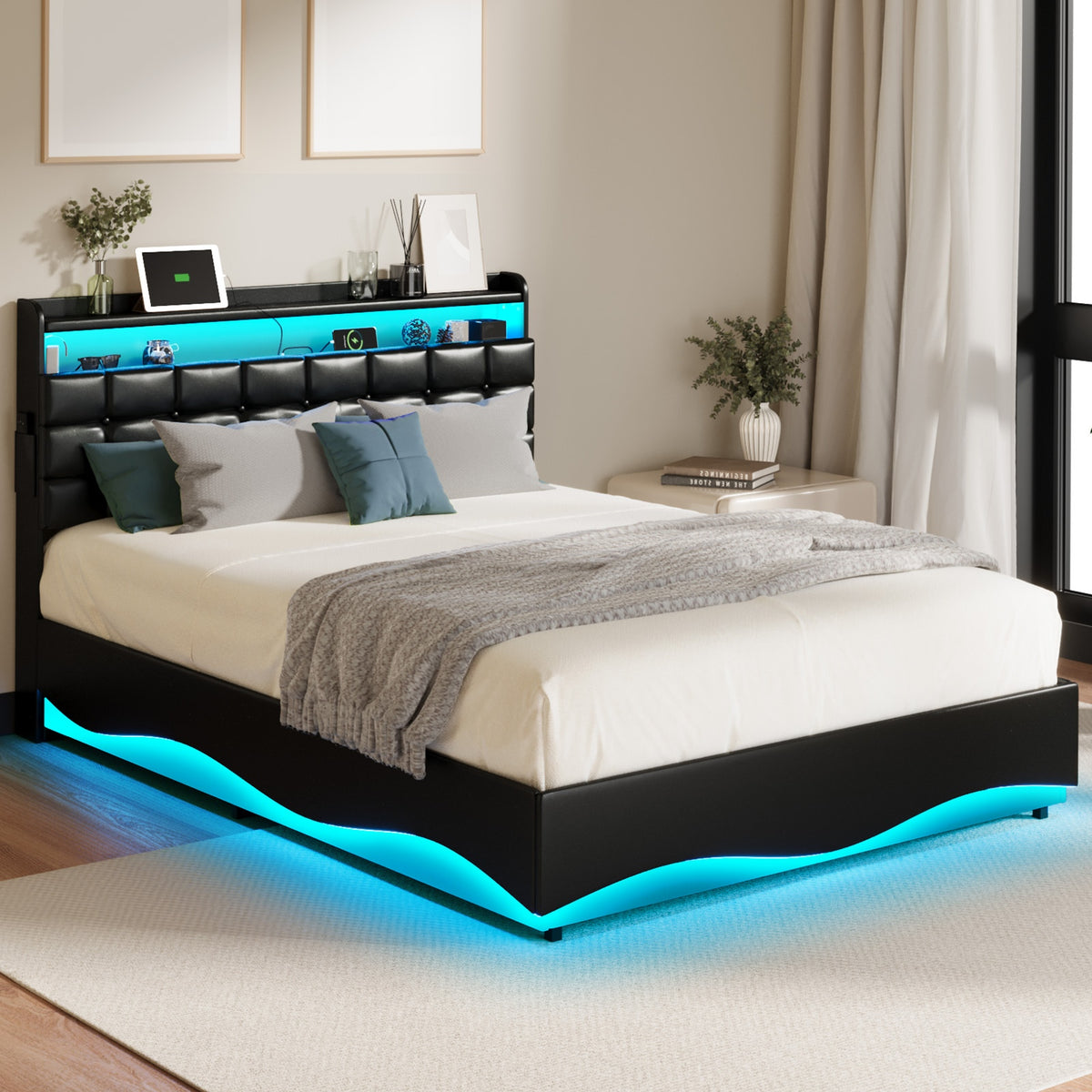 Oikiture Queen Size Bed Frame Gas Lift LED Storage Headboard USB Charging Black