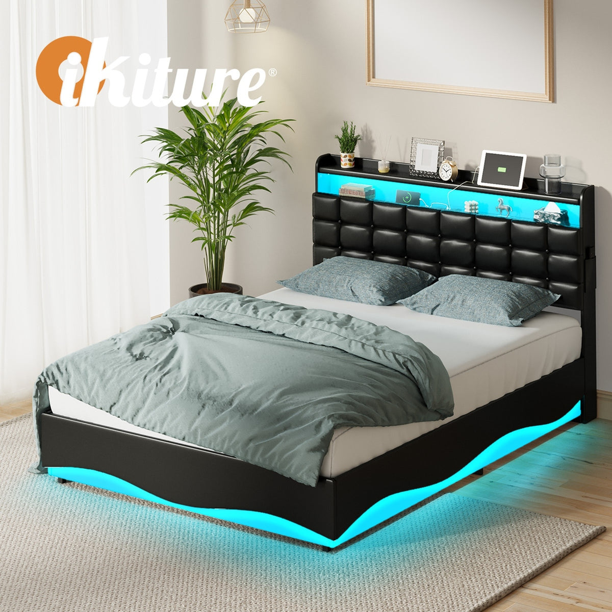 Oikiture Queen Size Bed Frame Gas Lift LED Storage Headboard USB Charging Black