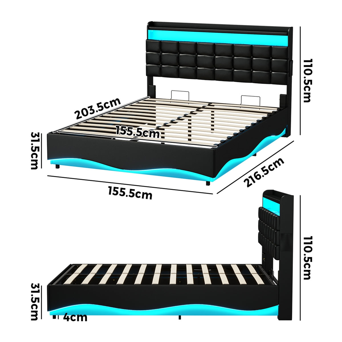 Oikiture Queen Size Bed Frame Gas Lift LED Storage Headboard USB Charging Black
