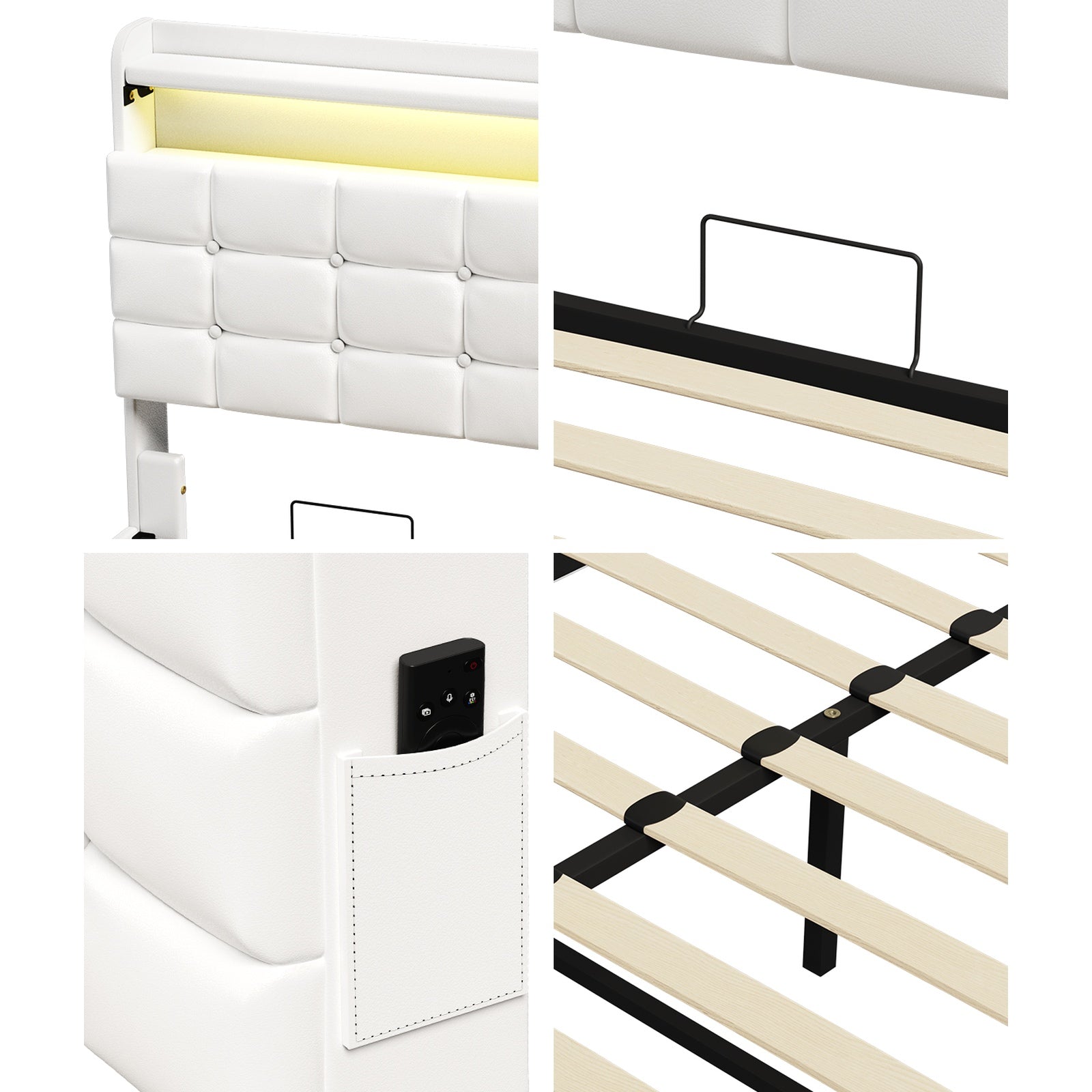 Oikiture Queen Size Bed Frame LED Light Gas Lift Storage Headboard USB Charging - Sunyee