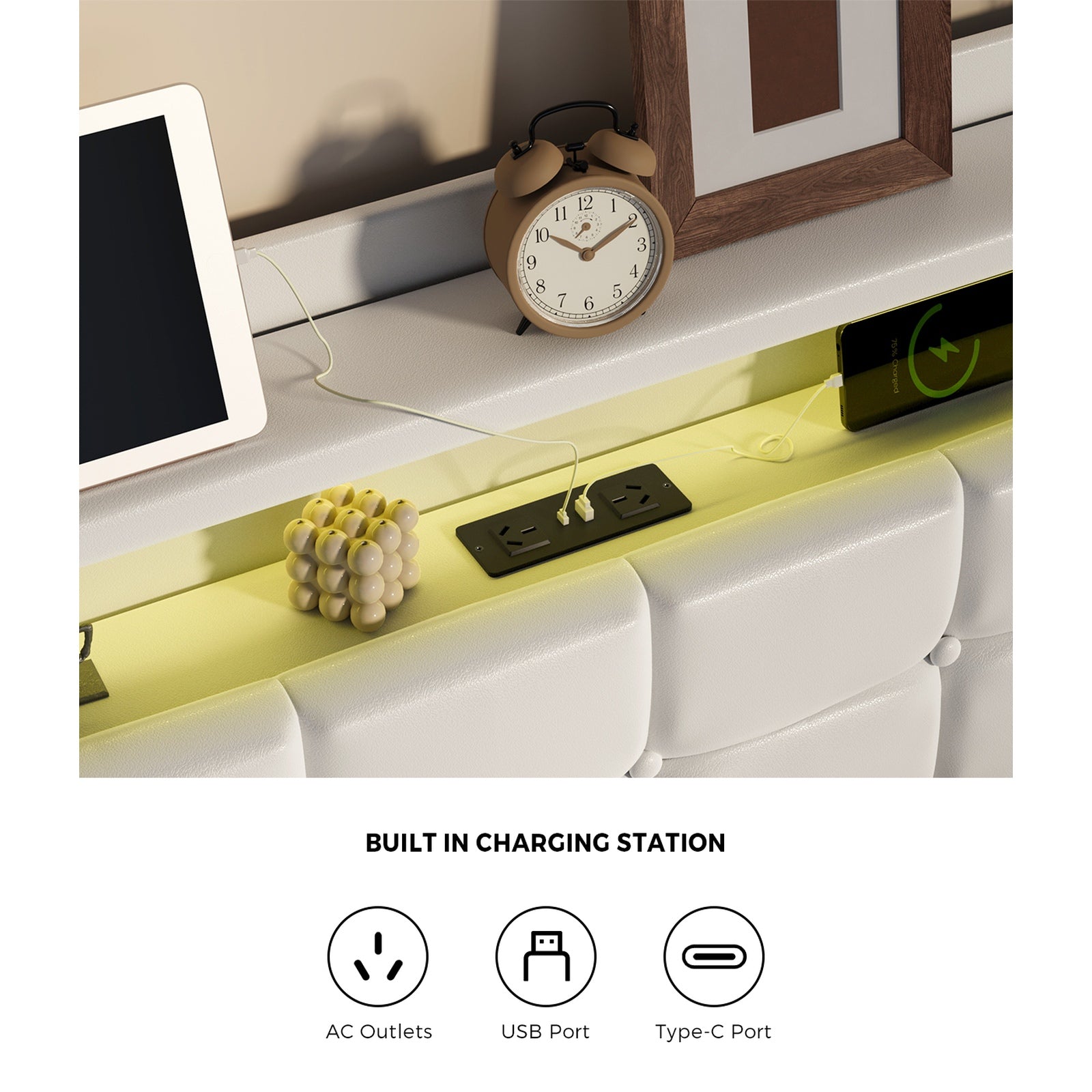 Oikiture Queen Size Bed Frame LED Light Gas Lift Storage Headboard USB Charging - Sunyee