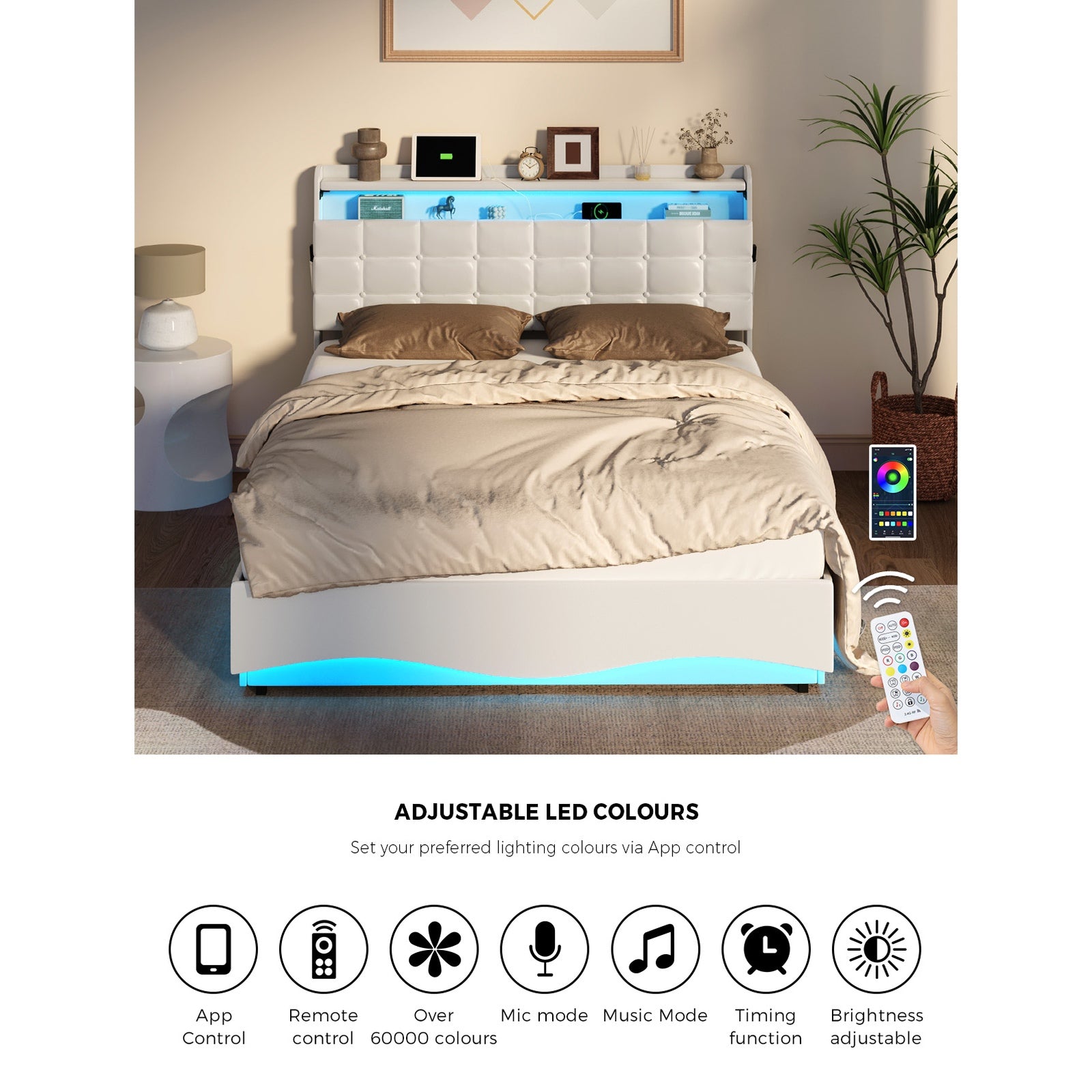 Oikiture Bed Frame Queen Double LED Gas Lift Storage Headboard USB Charging - Sunyee