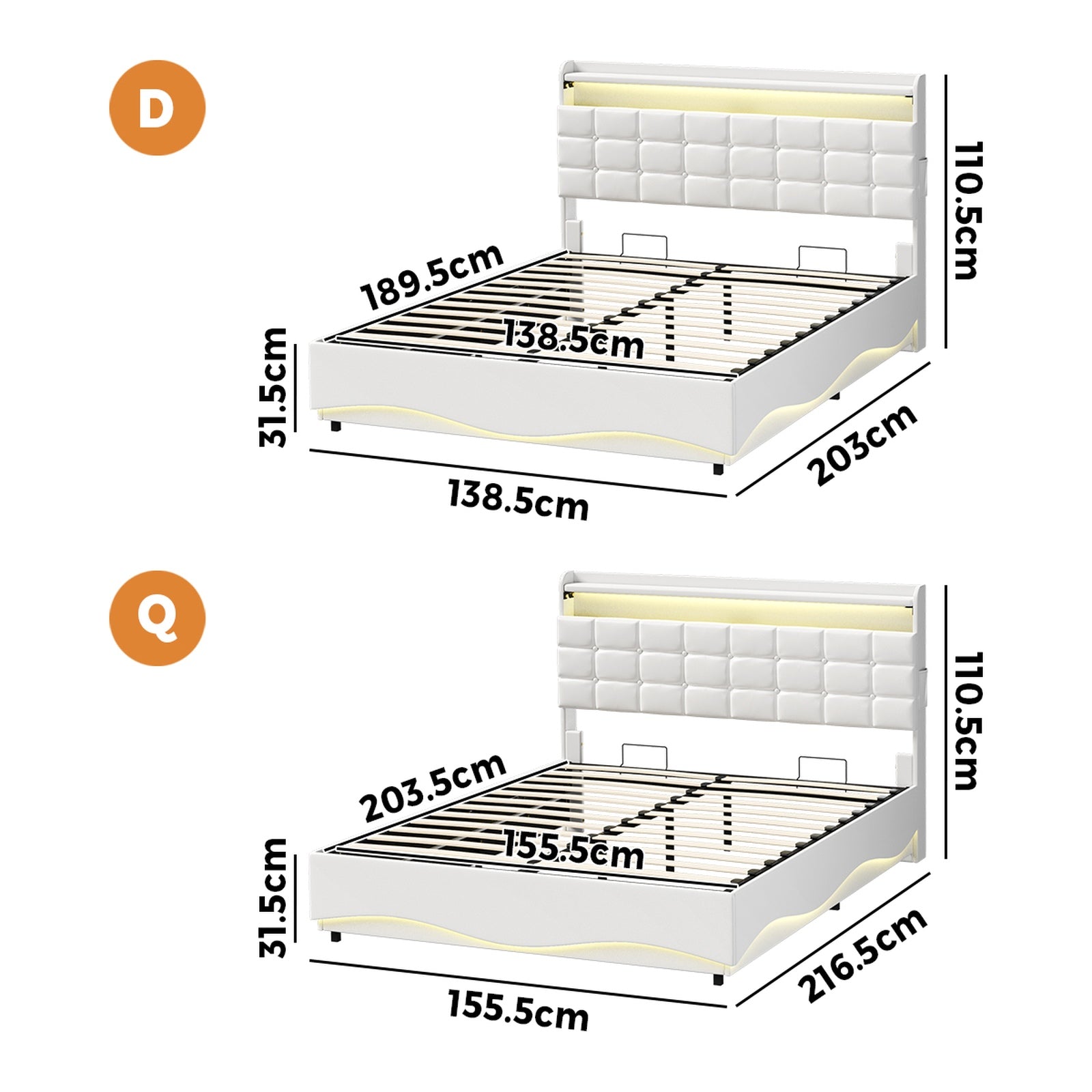 Oikiture Bed Frame Queen Double LED Gas Lift Storage Headboard USB Charging - Sunyee