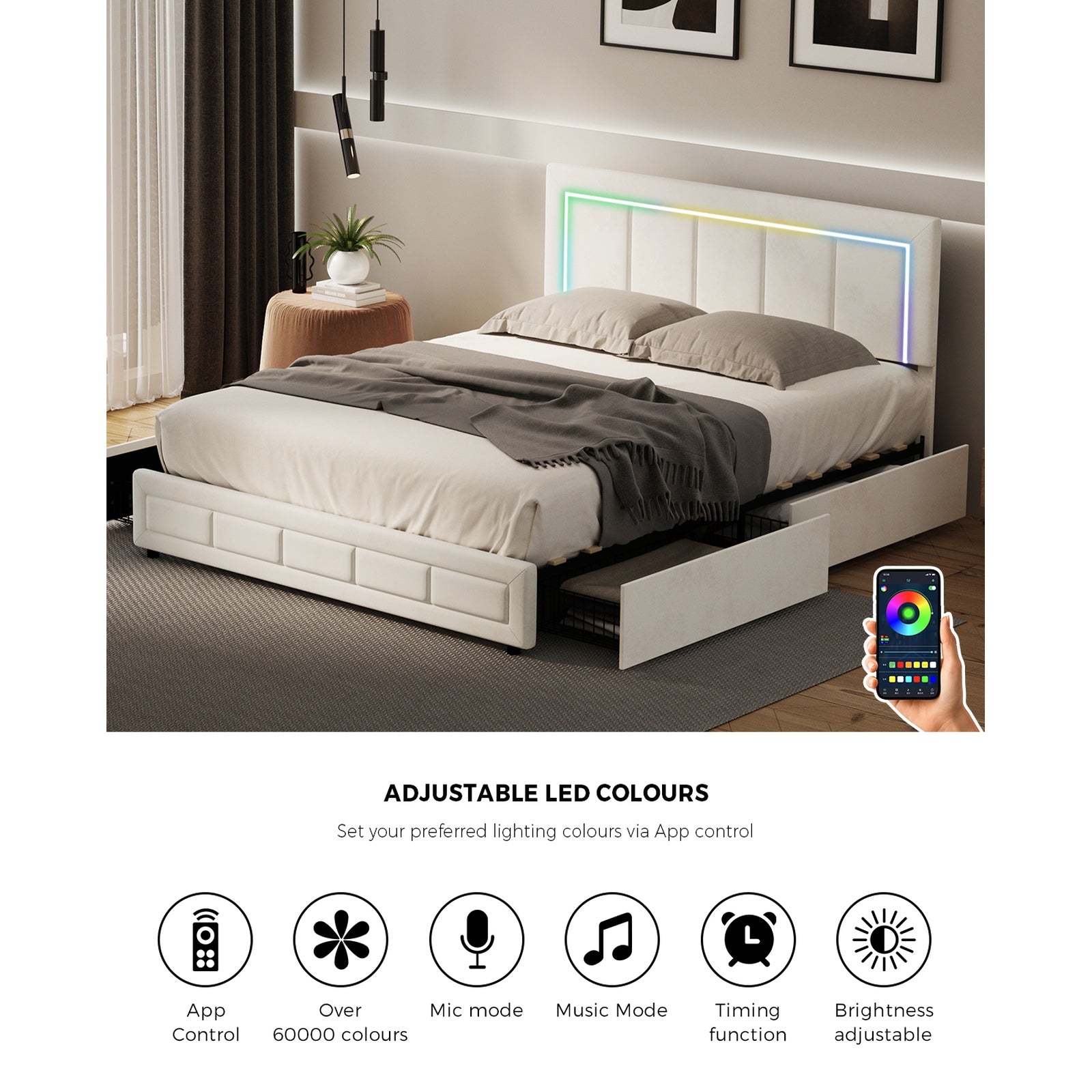 Oikiture LED Bed Frame Double Size with 4 Drawers Adjustable Headboard Beige - Sunyee