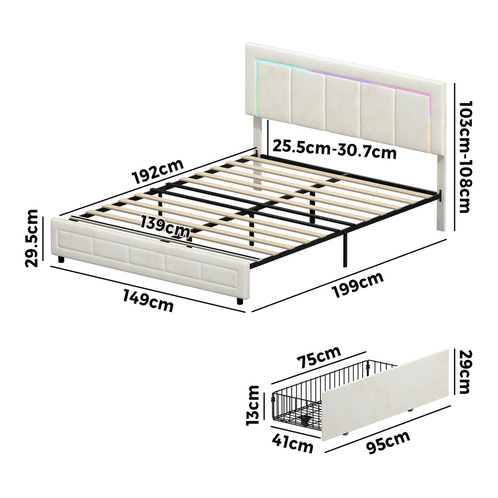 Oikiture LED Bed Frame Double Size with 4 Drawers Adjustable Headboard Beige - Sunyee