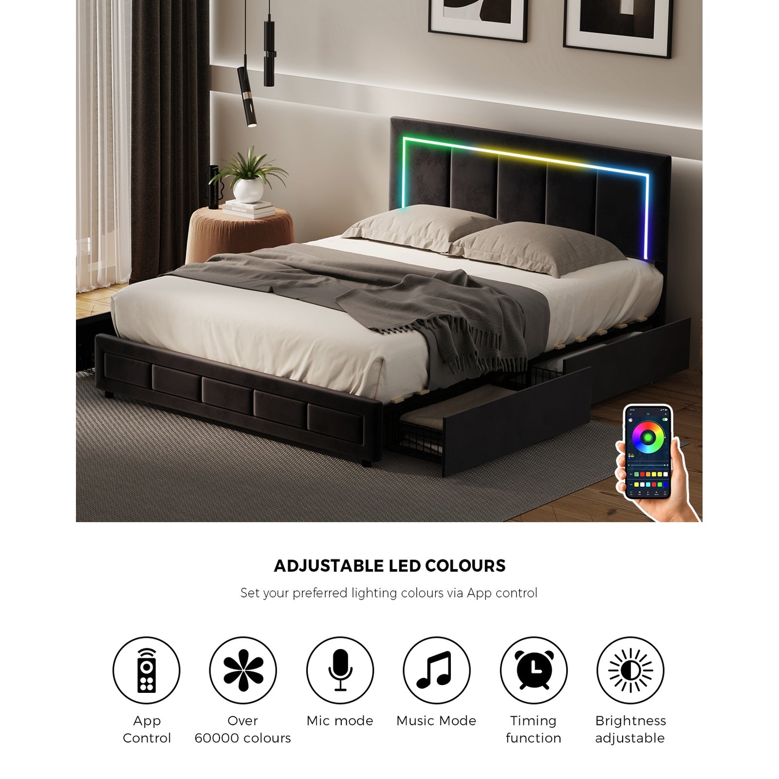 Oikiture LED Bed Frame Double Size with 4 Drawers Adjustable Headboard Black - Sunyee