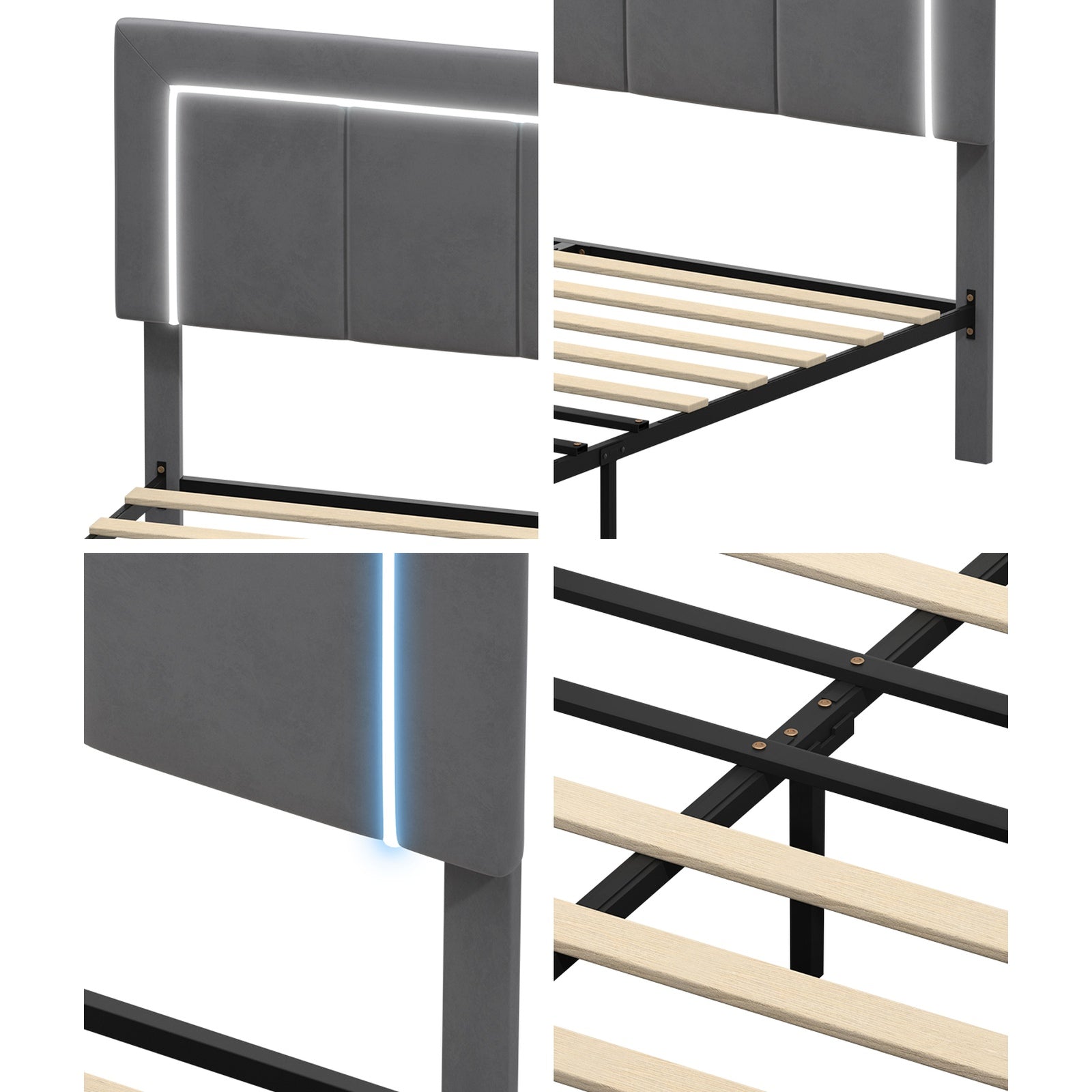 Oikiture LED Bed Frame Double Size with 4 Drawers Adjustable Headboard Velvet - Sunyee