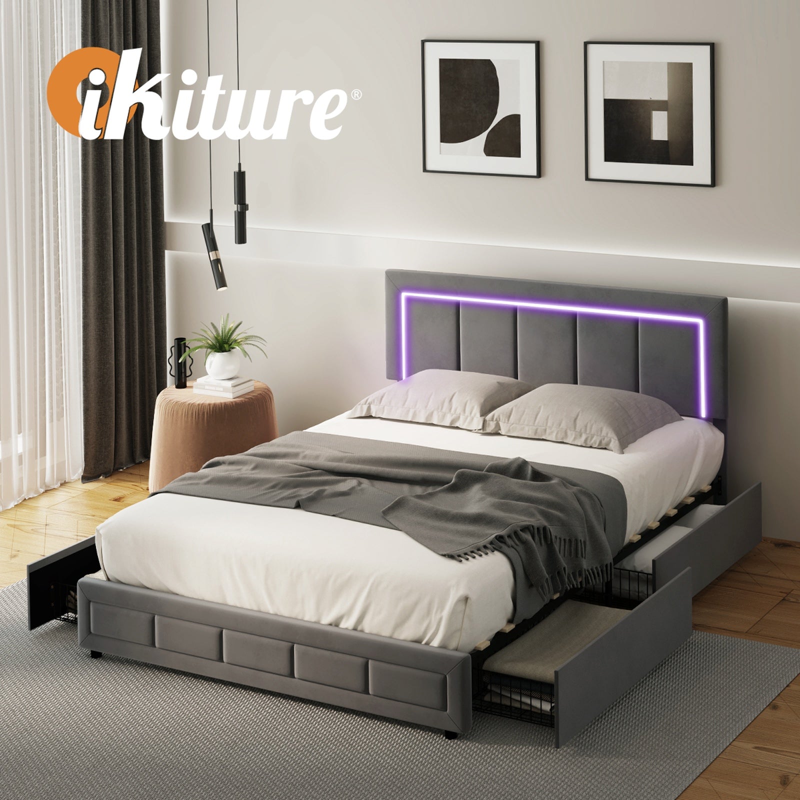 Oikiture LED Bed Frame Double Size with 4 Drawers Adjustable Headboard Velvet - Sunyee