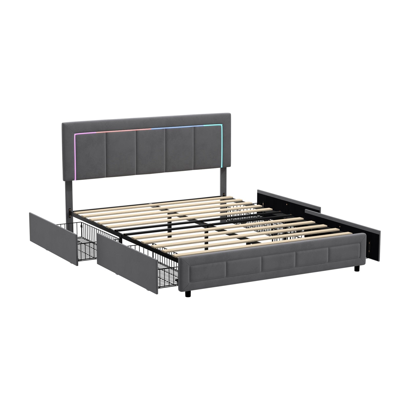 Oikiture LED Bed Frame Double Size with 4 Drawers Adjustable Headboard Velvet - Sunyee