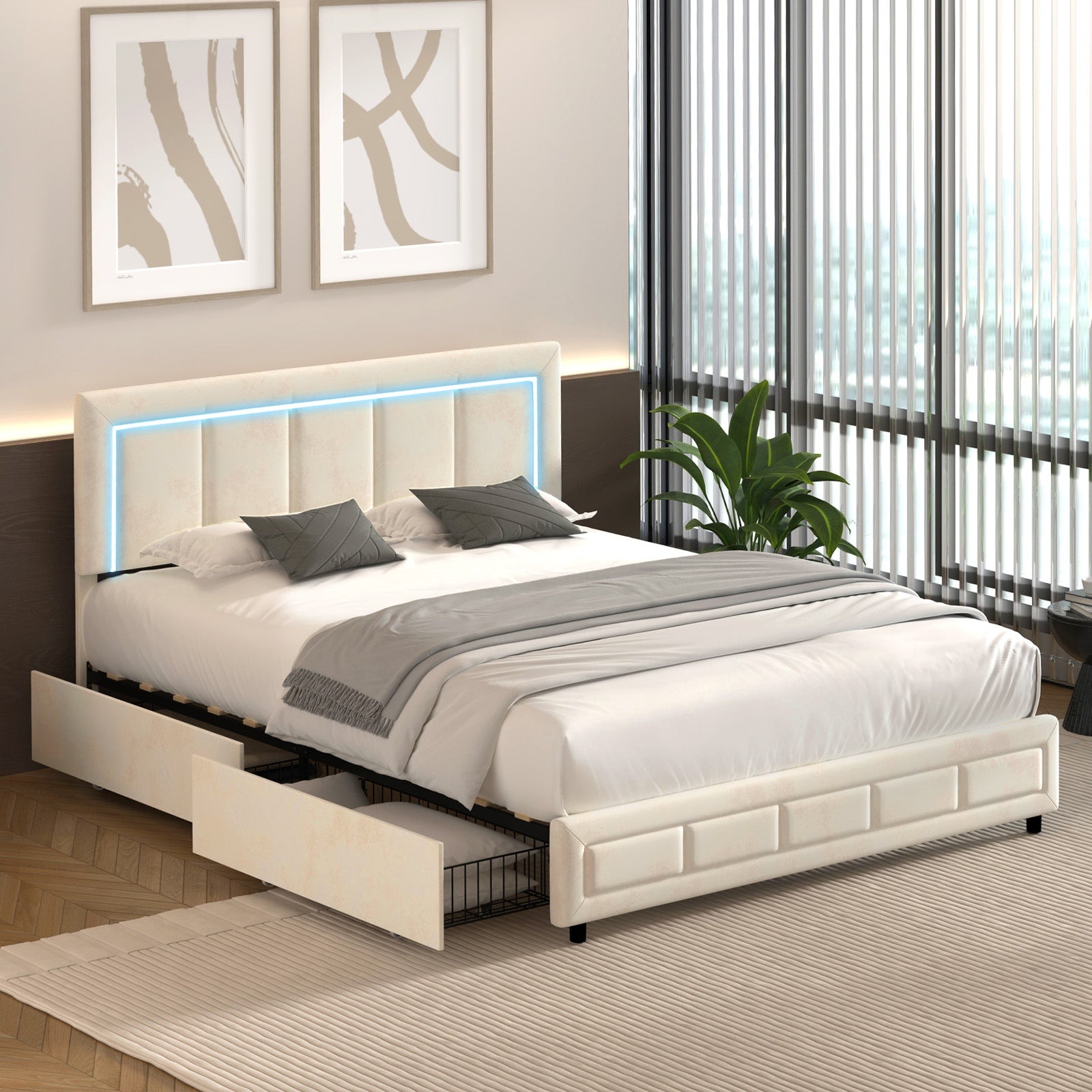 Oikiture LED Bed Frame Queen Size with 4 Drawers Adjustable Headboard Beige - Sunyee