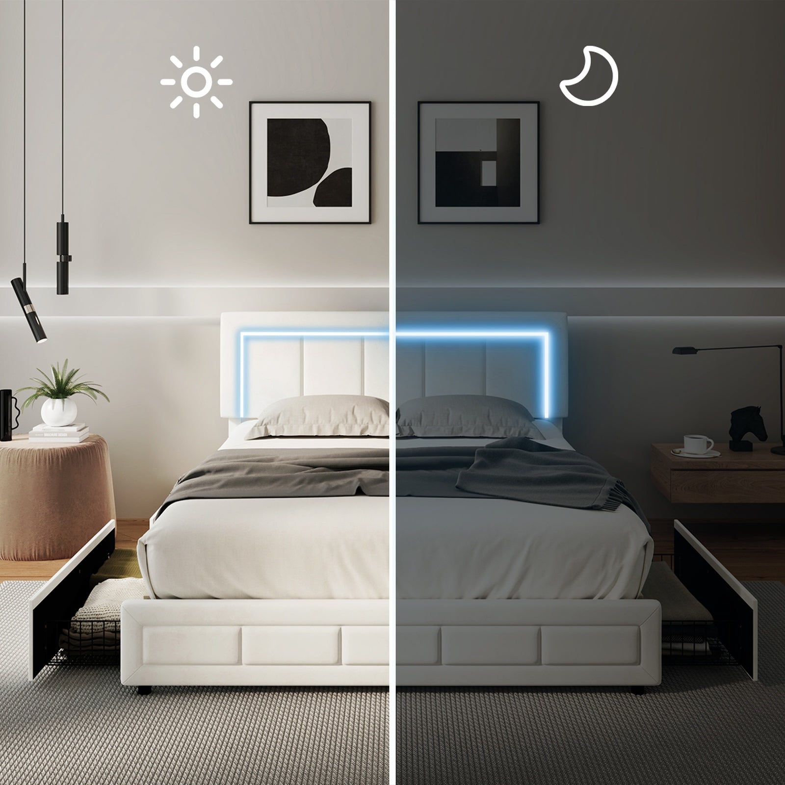 Oikiture LED Bed Frame Queen Size with 4 Drawers Adjustable Headboard Beige