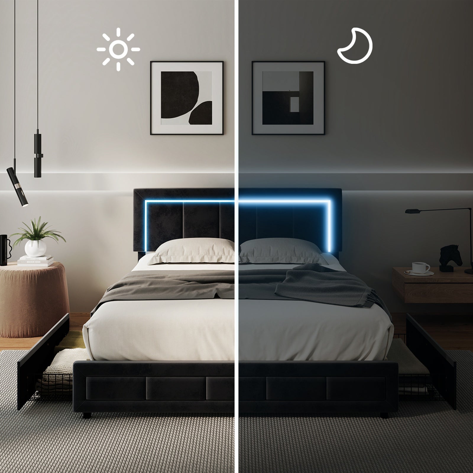 Oikiture LED Bed Frame Queen Size with 4 Drawers Adjustable Headboard Black - Sunyee