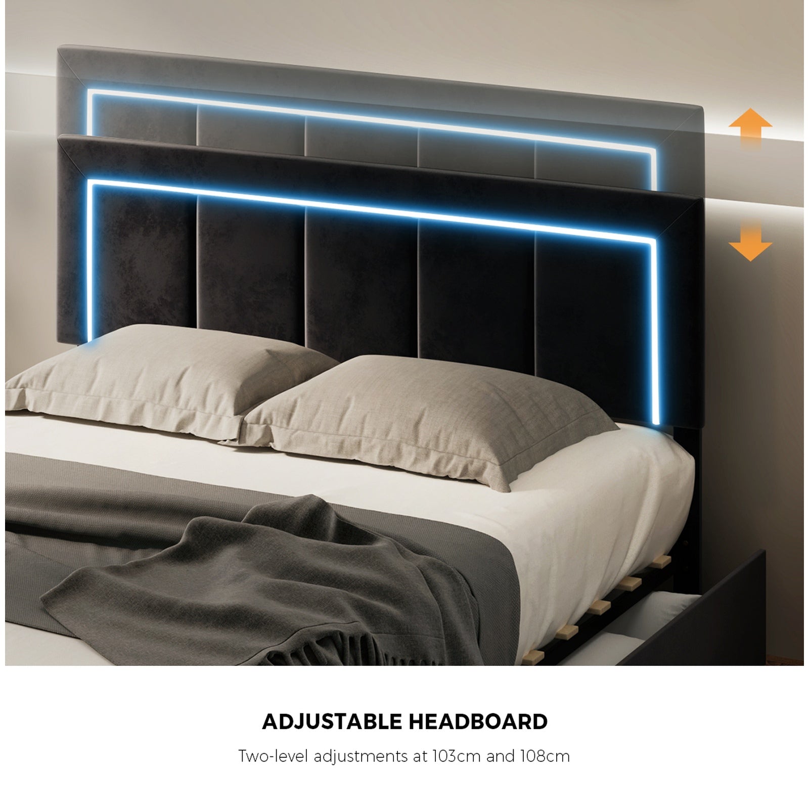 Oikiture LED Bed Frame Queen Size with 4 Drawers Adjustable Headboard Black - Sunyee