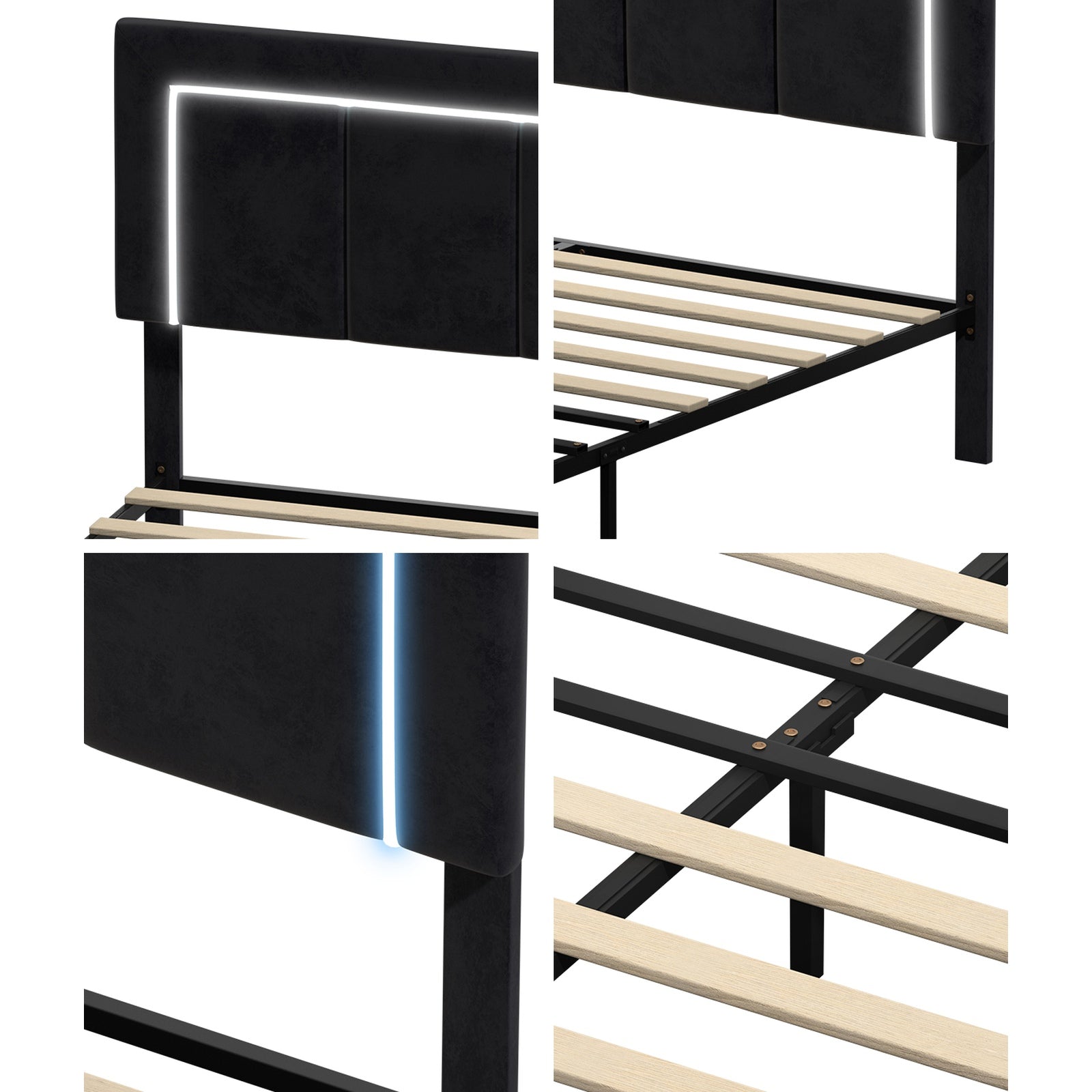 Oikiture LED Bed Frame Queen Size with 4 Drawers Adjustable Headboard Black - Sunyee