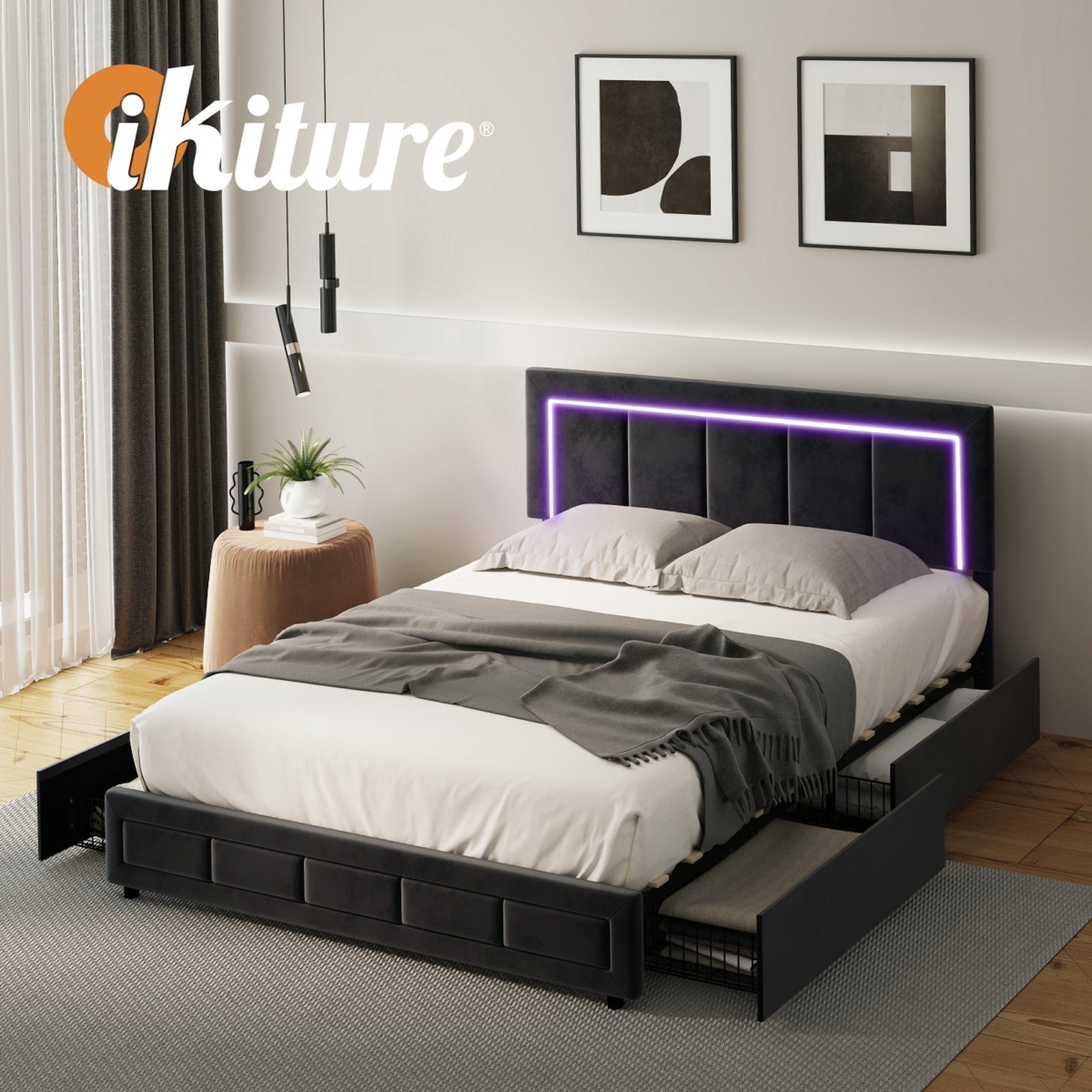 Oikiture LED Bed Frame Queen Size with 4 Drawers Adjustable Headboard Black - Sunyee