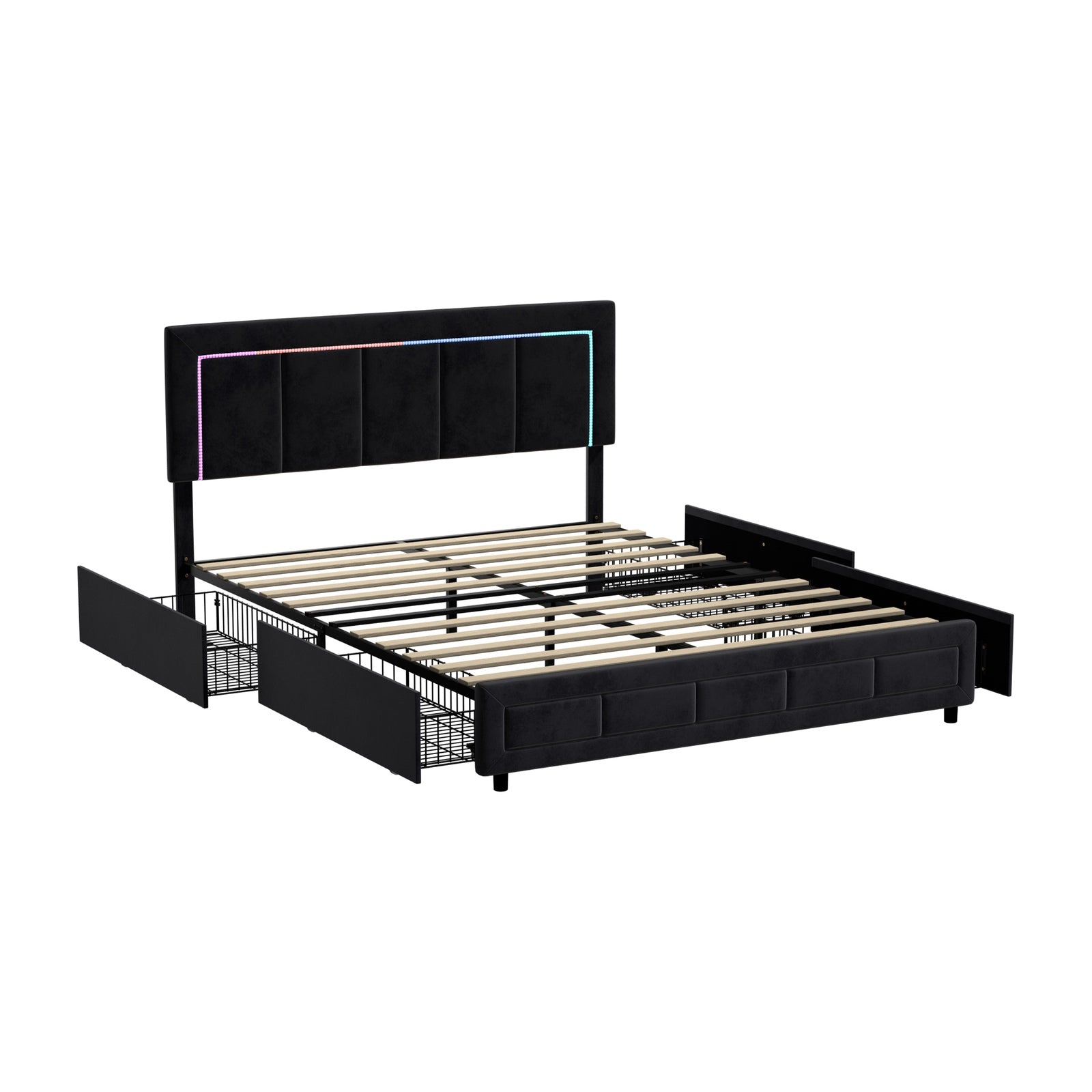 Oikiture LED Bed Frame Queen Size with 4 Drawers Adjustable Headboard Black - Sunyee