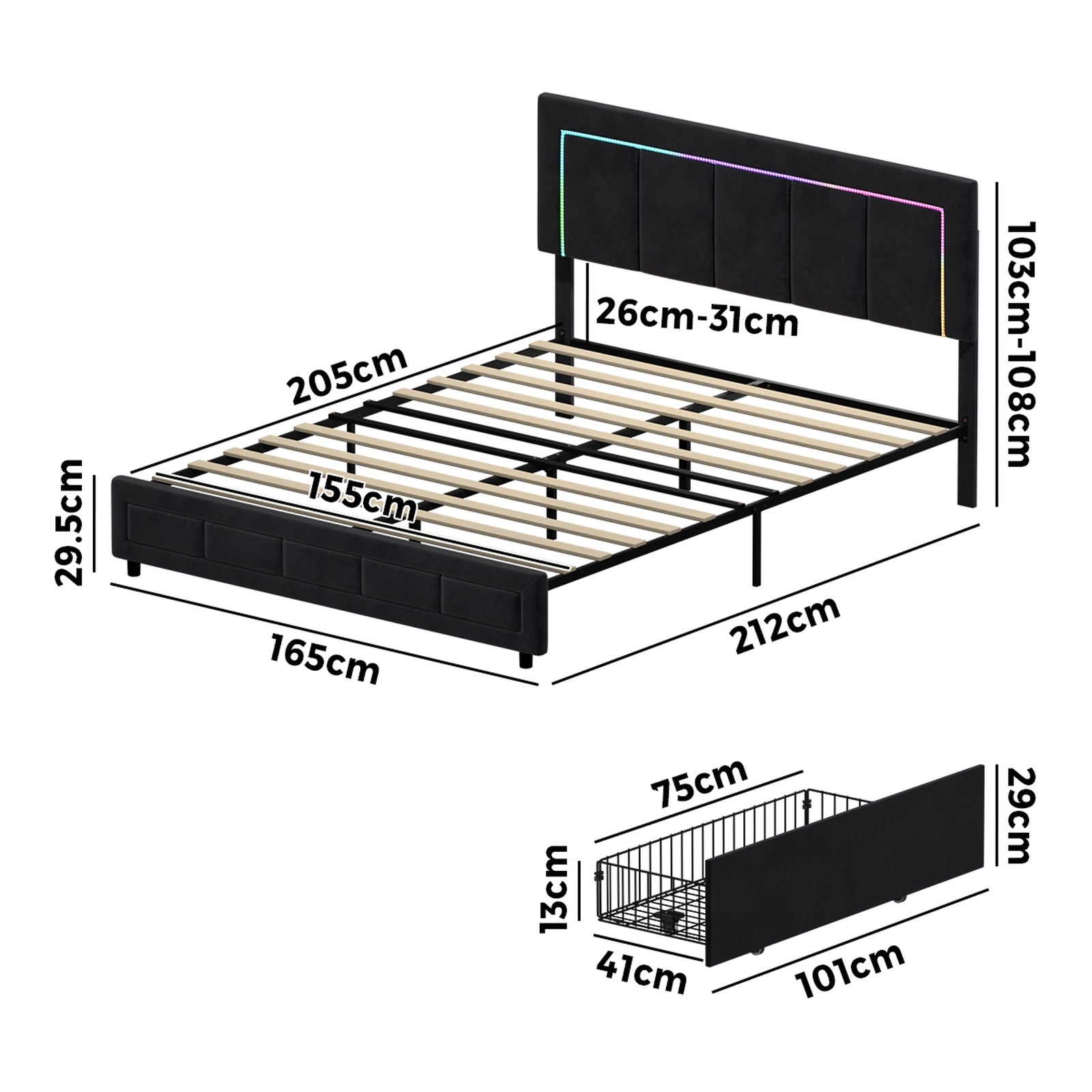 Oikiture LED Bed Frame Queen Size with 4 Drawers Adjustable Headboard Black - Sunyee