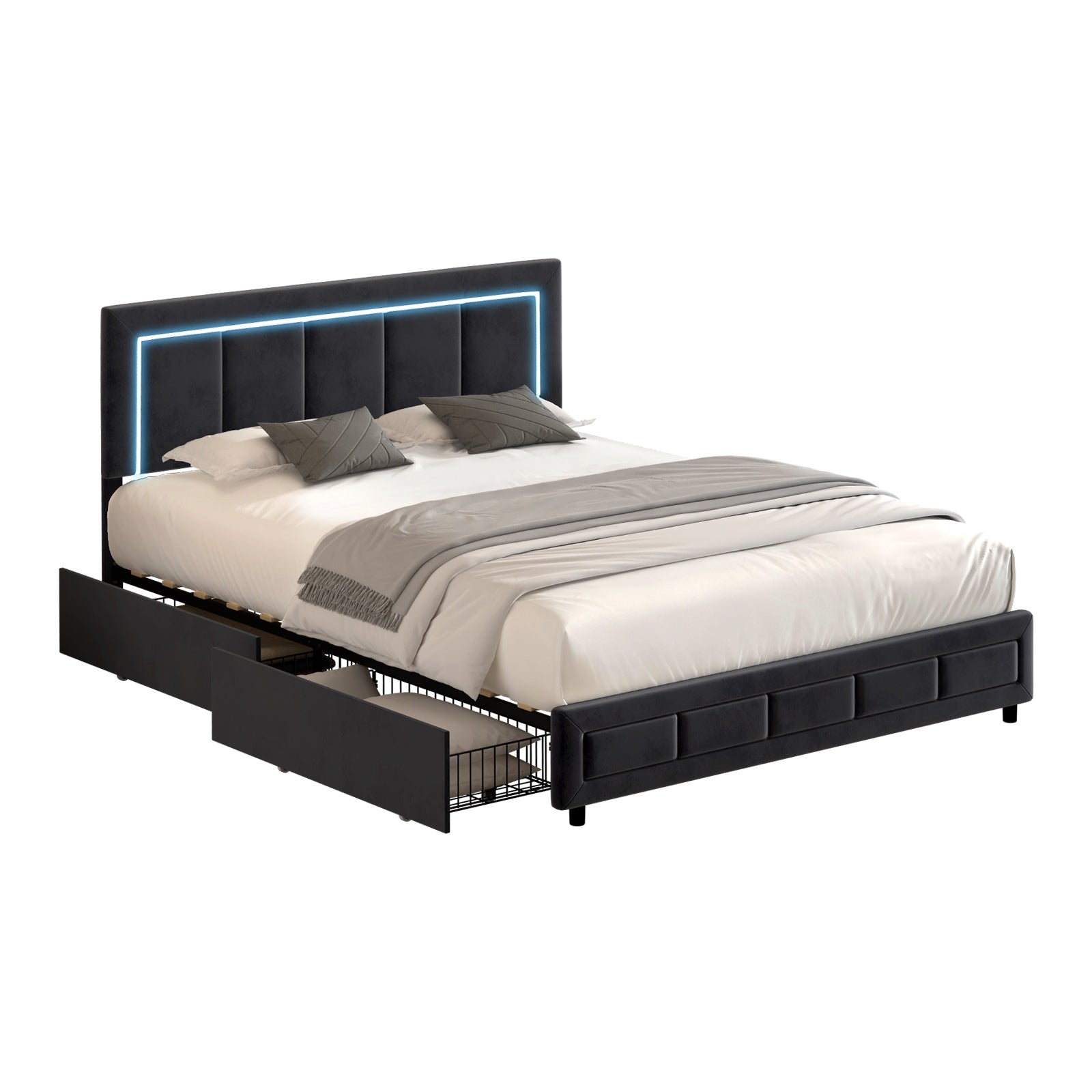 Oikiture LED Bed Frame Queen Size with 4 Drawers Adjustable Headboard Black - Sunyee
