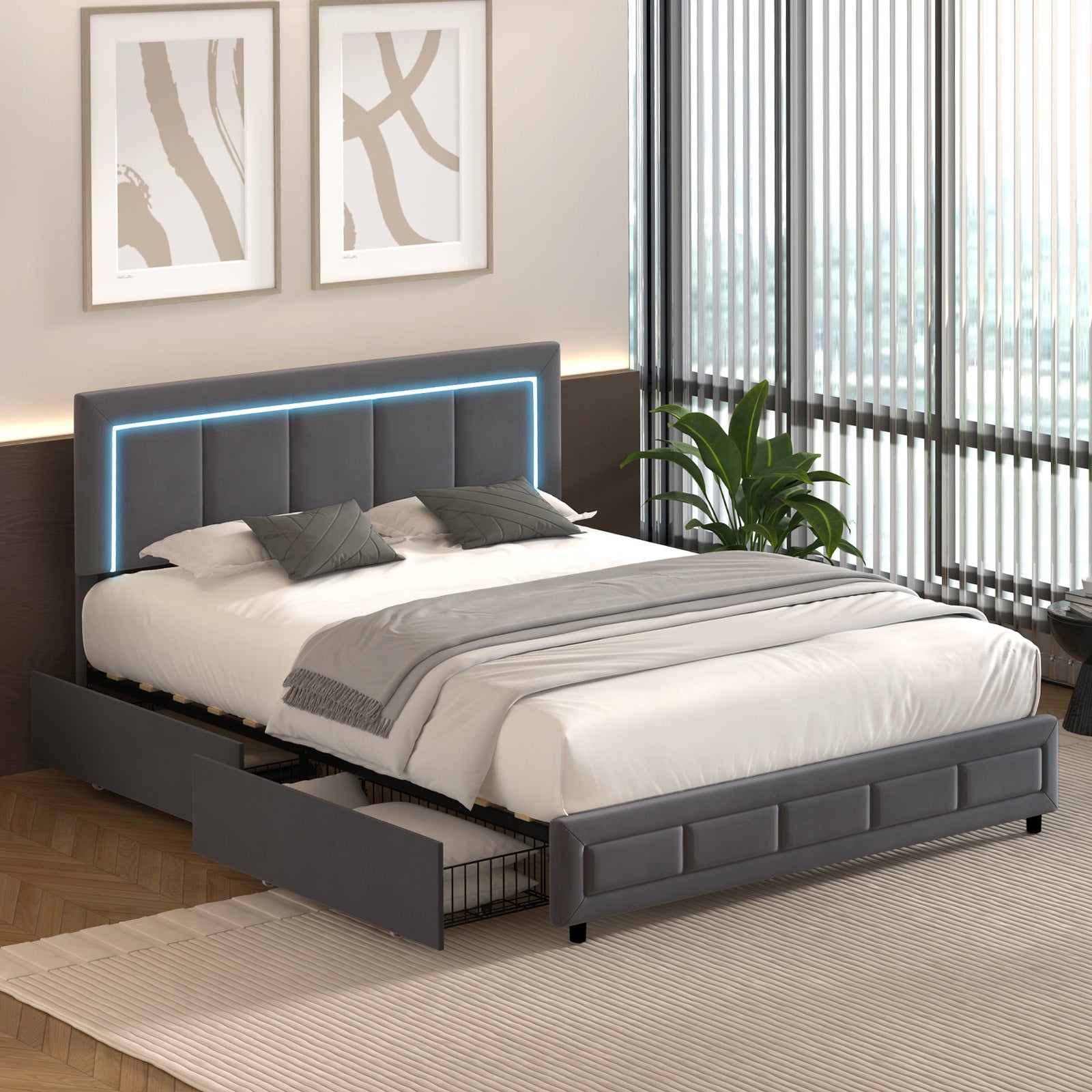 Oikiture LED Bed Frame Queen Size with 4 Drawers Adjustable Headboard Velvet - Sunyee